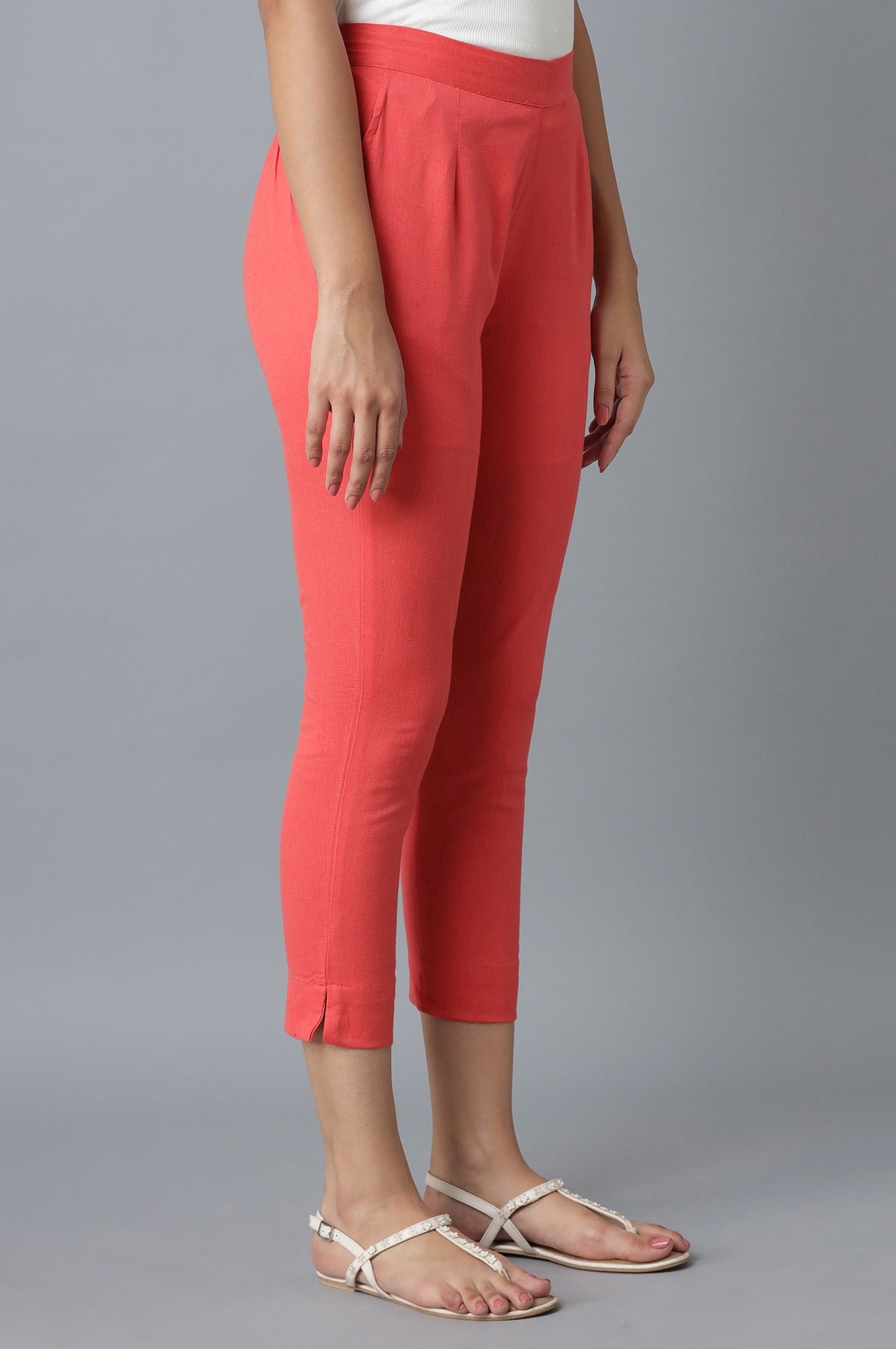 Peach Solid Straight Fit Cotton Trousers With Elasticated Waistband
