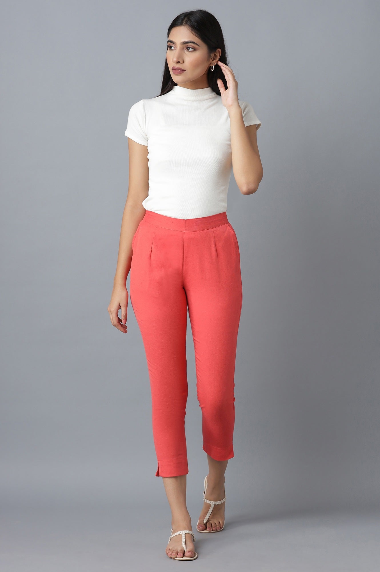 Peach Solid Straight Fit Cotton Trousers With Elasticated Waistband