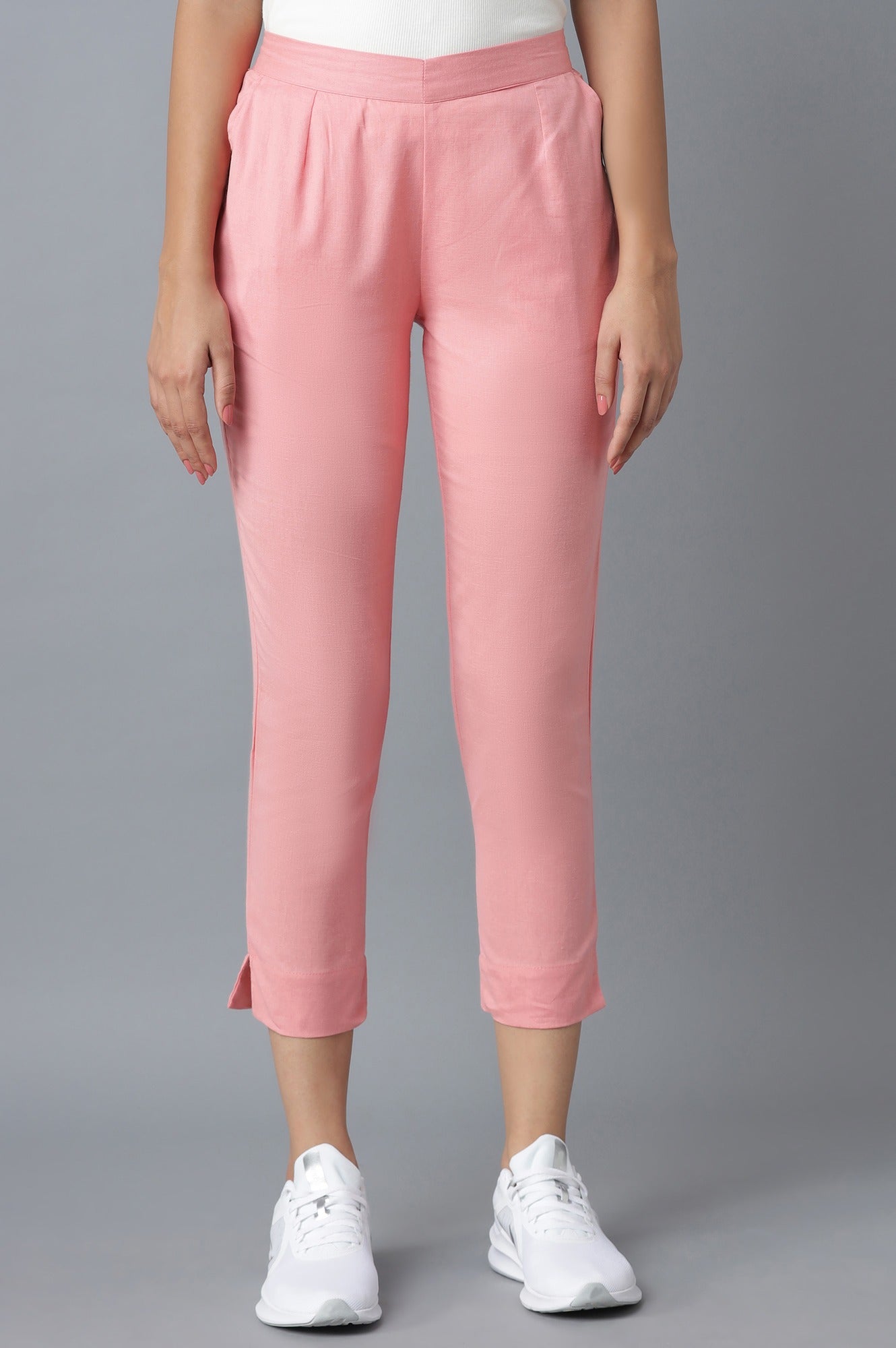 Pink Solid Straight Fit Cotton Trousers With Roll Up Hem