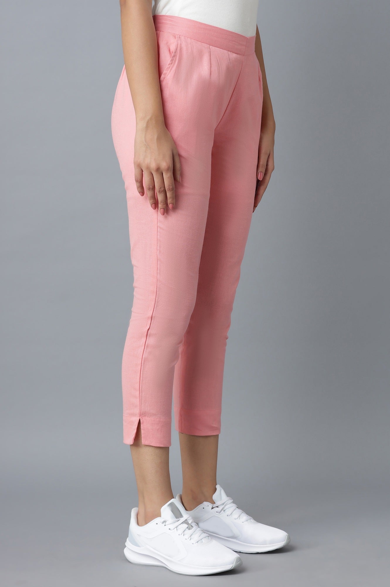 Pink Solid Straight Fit Cotton Trousers With Elasticated Waistband