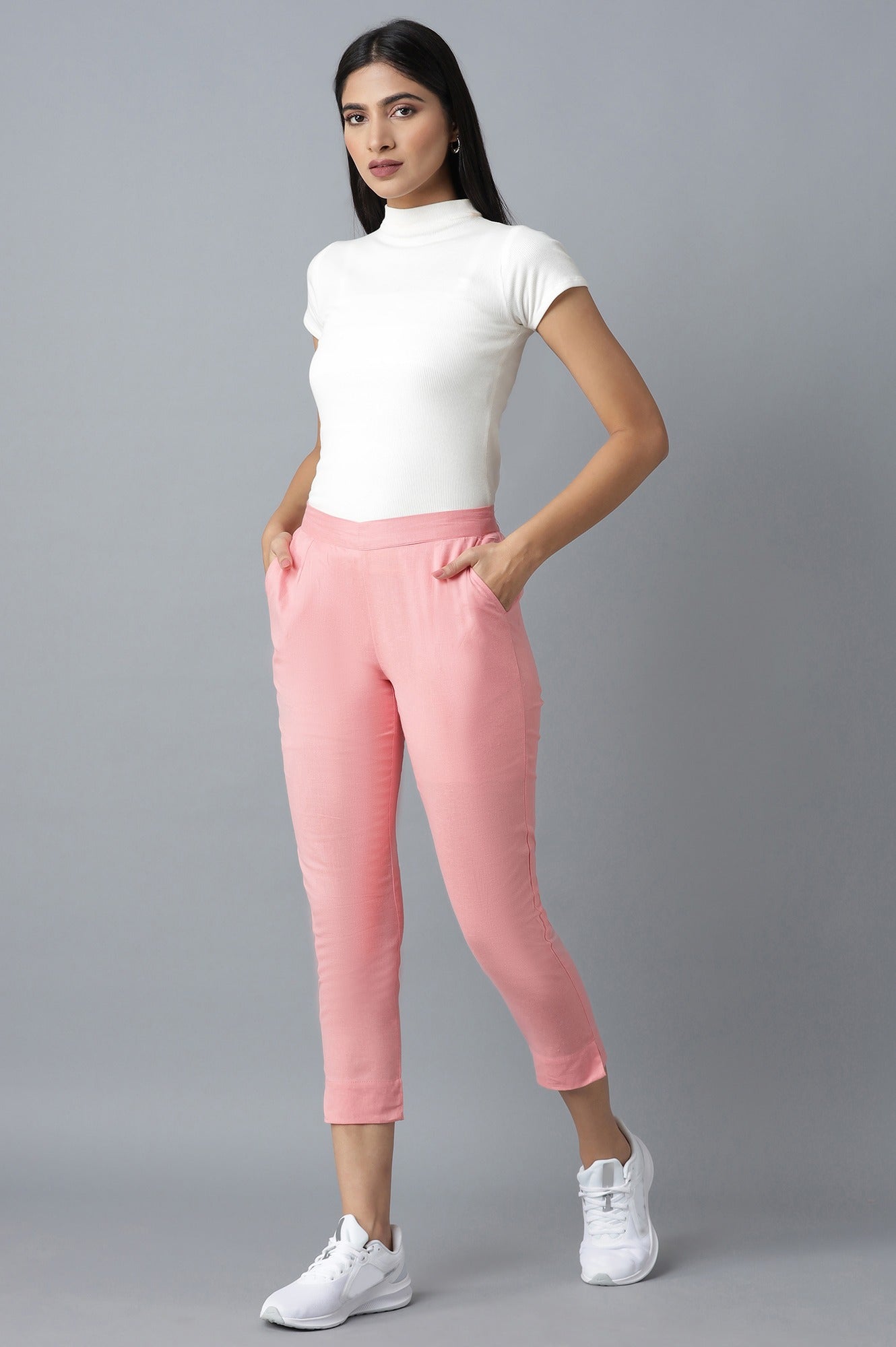 Pink Solid Straight Fit Cotton Trousers With Roll Up Hem