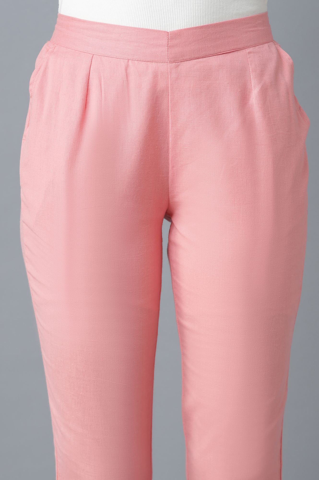 Pink Solid Straight Fit Cotton Trousers With Elasticated Waistband