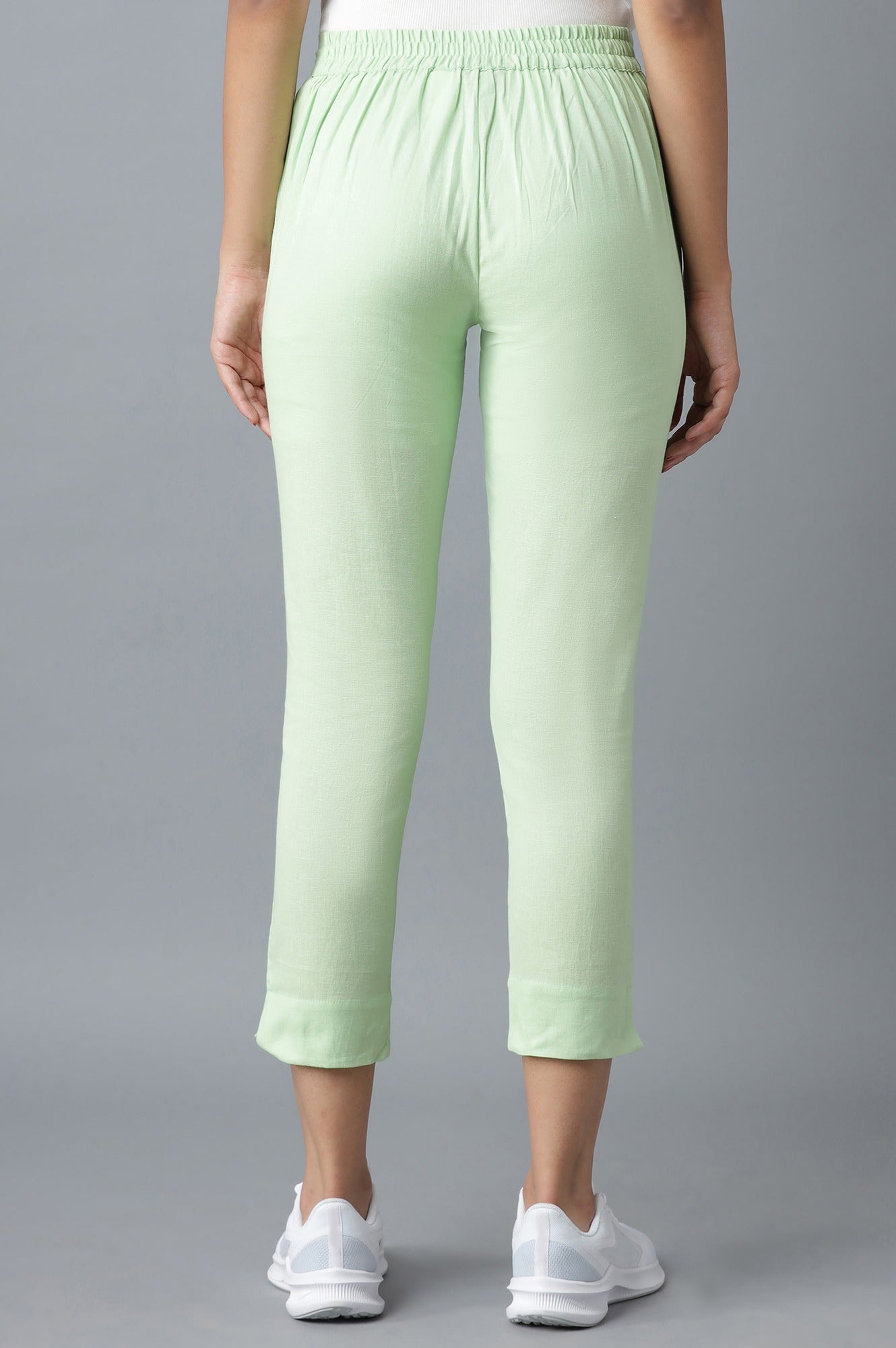 Light Green Solid Straight Fit Cotton Trousers With Elasticated Waist