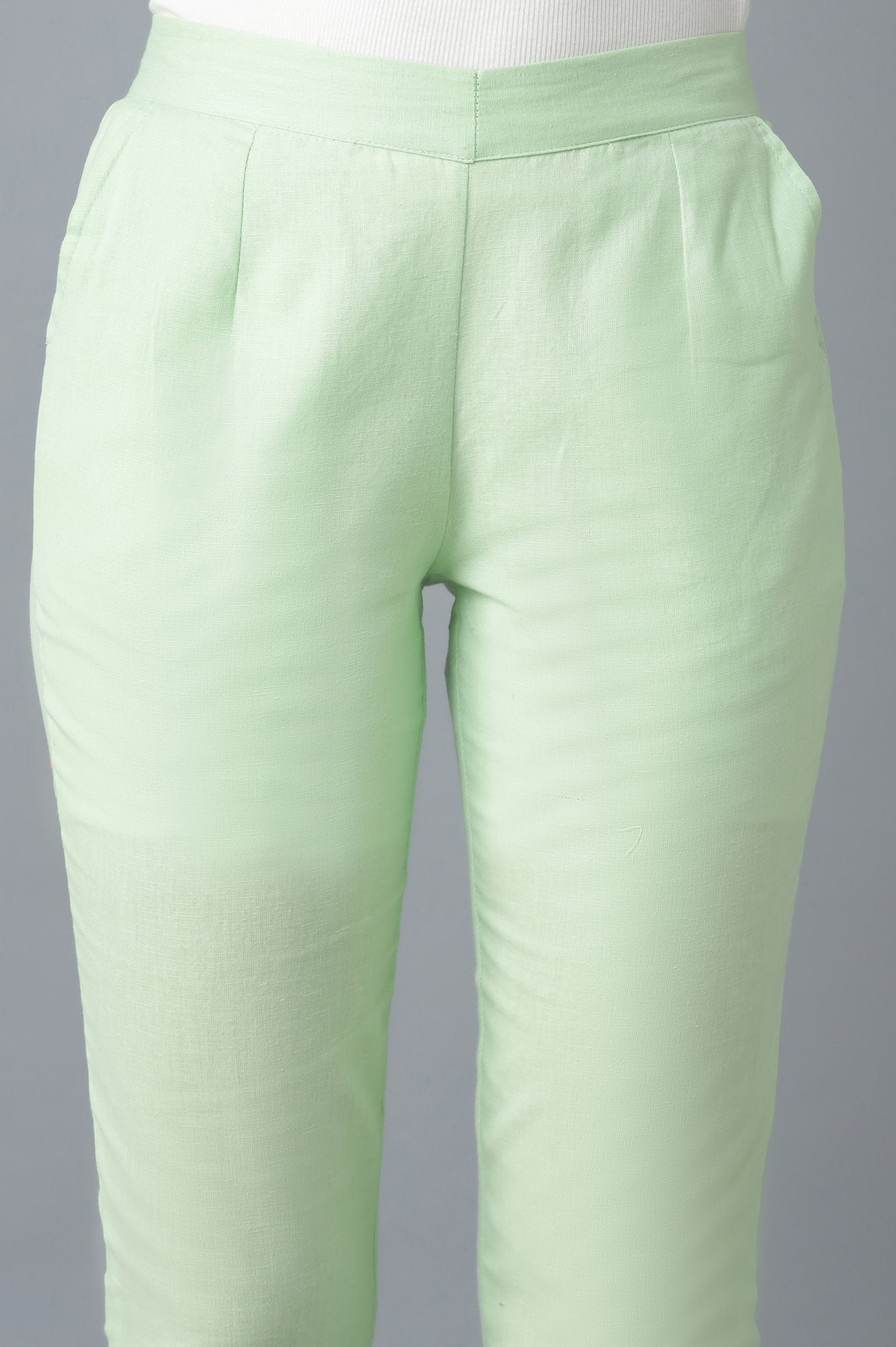 Light Green Solid Straight Fit Cotton Trousers With Elasticated Waist