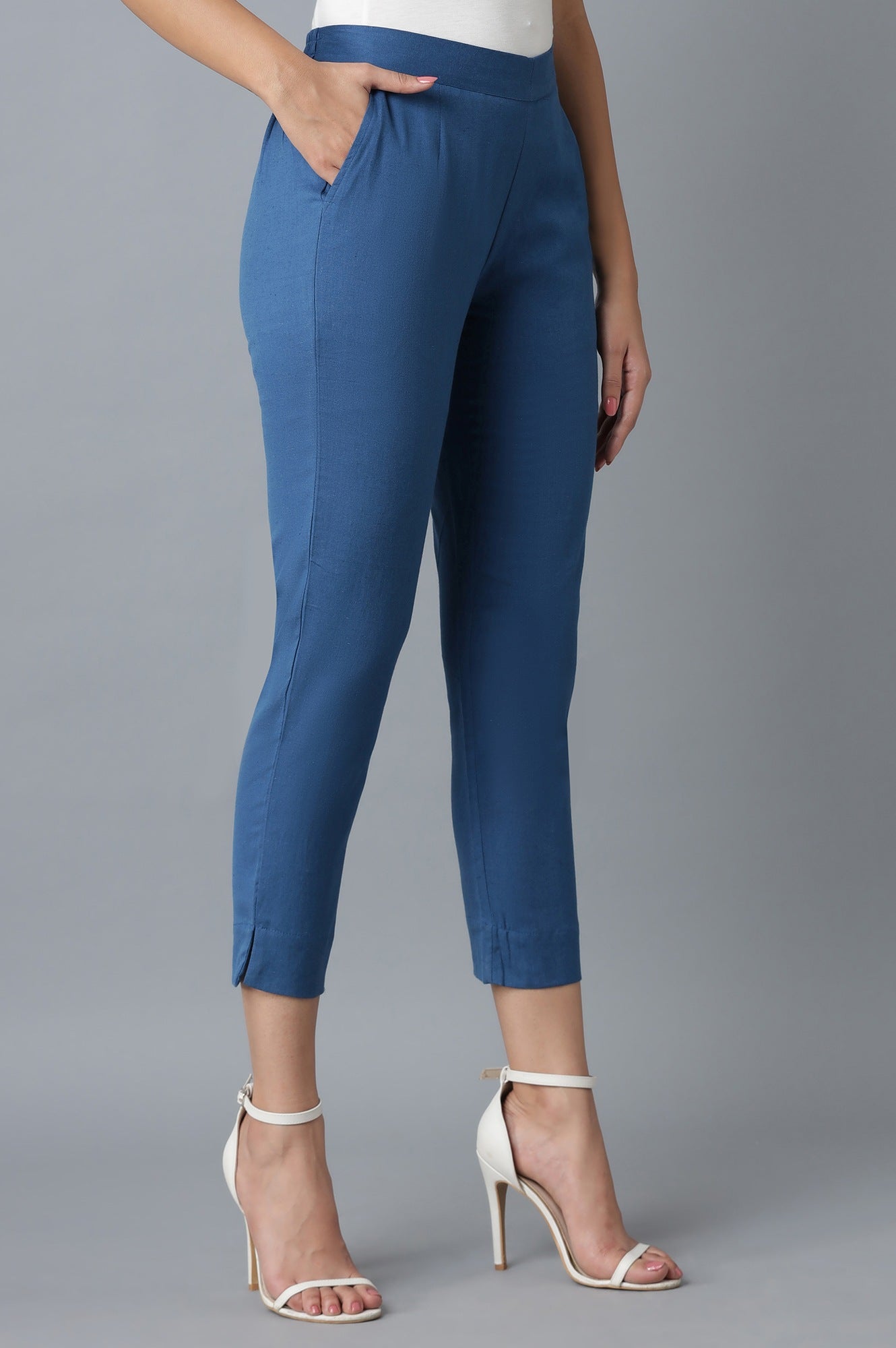 Blue Solid Straight Fit Cotton Trousers With Elasticated Waist