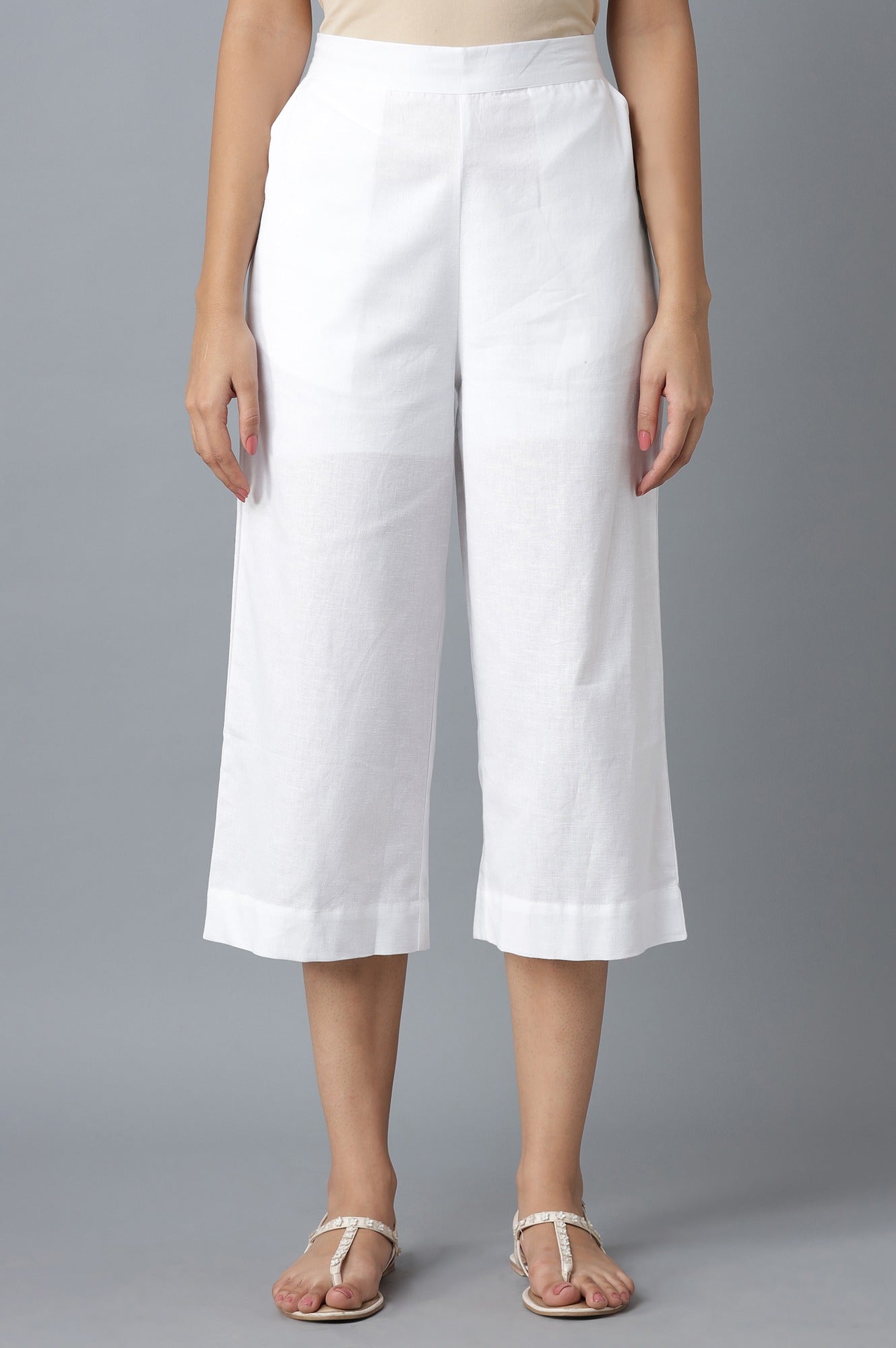 White Solid Wide Leg Cotton Palazzo With Roll Up Hem