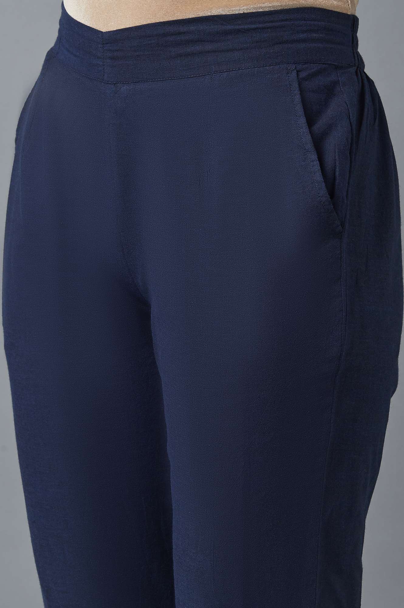 Navy Blue Solid Straight Fit Cotton Pants With Elasticated Waistband