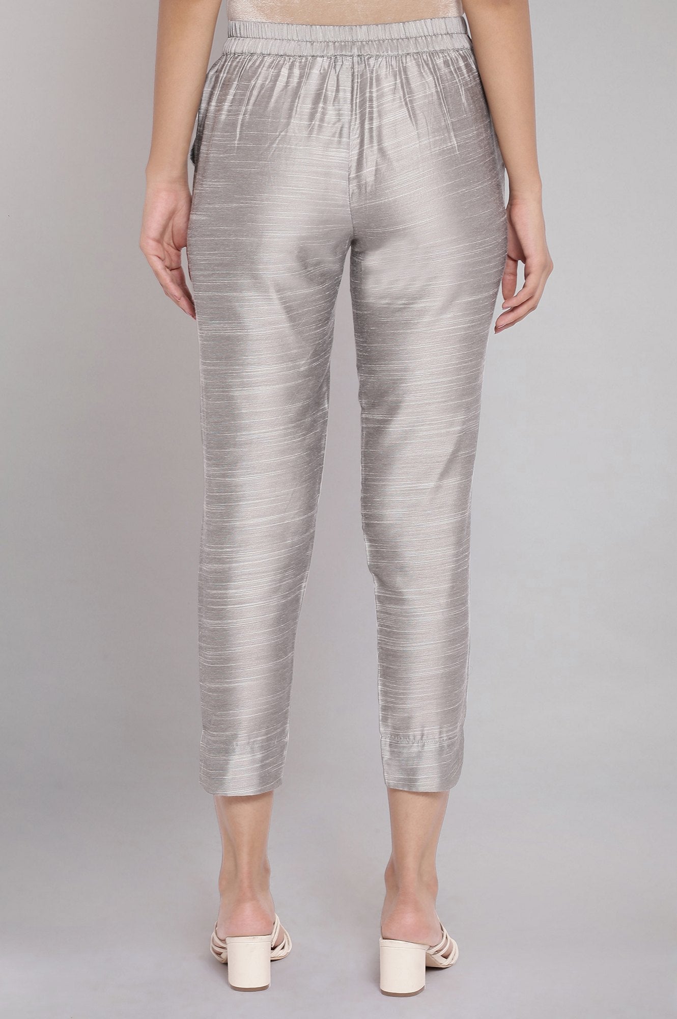 Grey Solid Straight Fit Woven Pants With Elasticated Waist