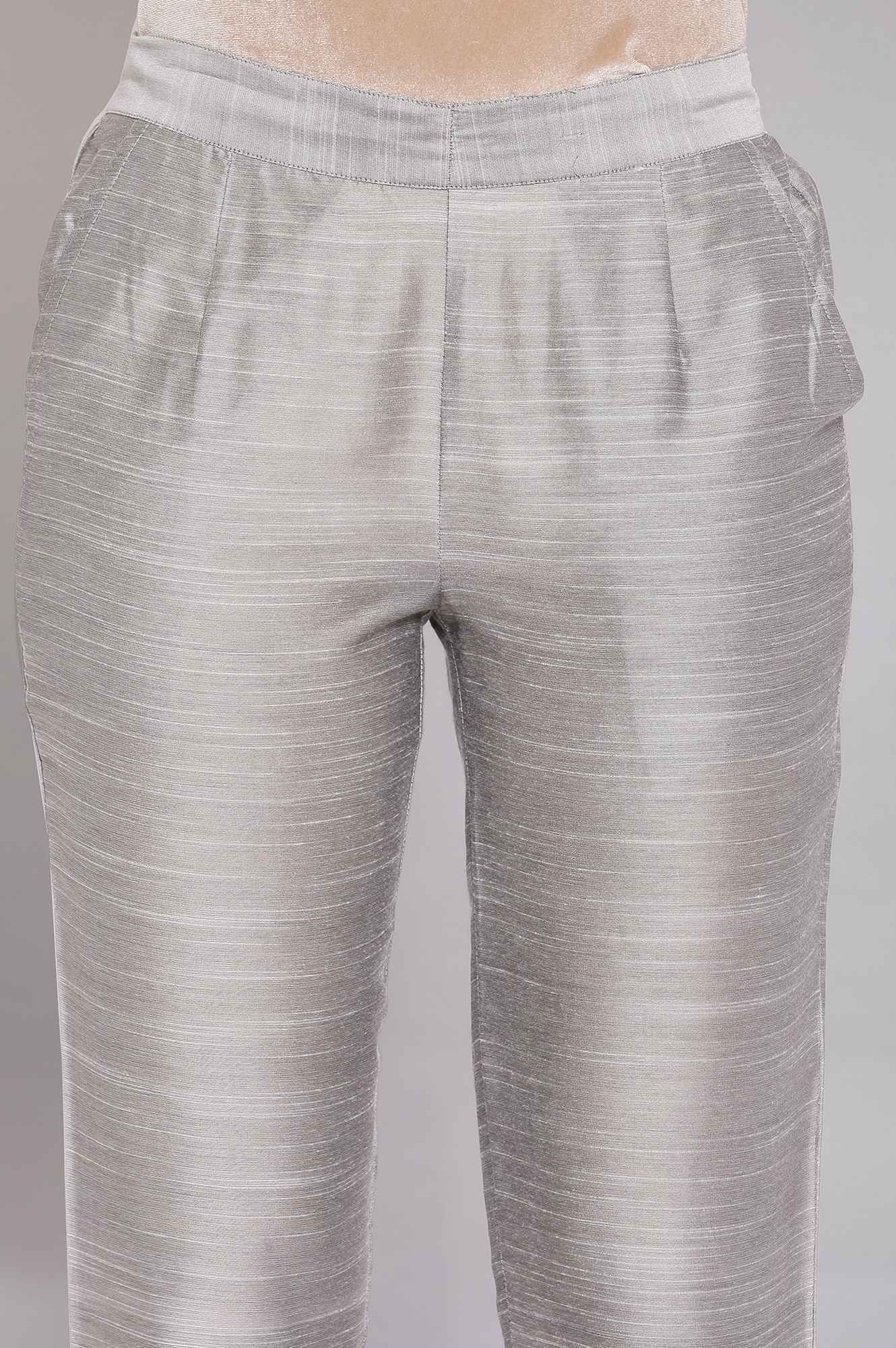 Grey Solid Straight Fit Woven Pants With Elasticated Waist