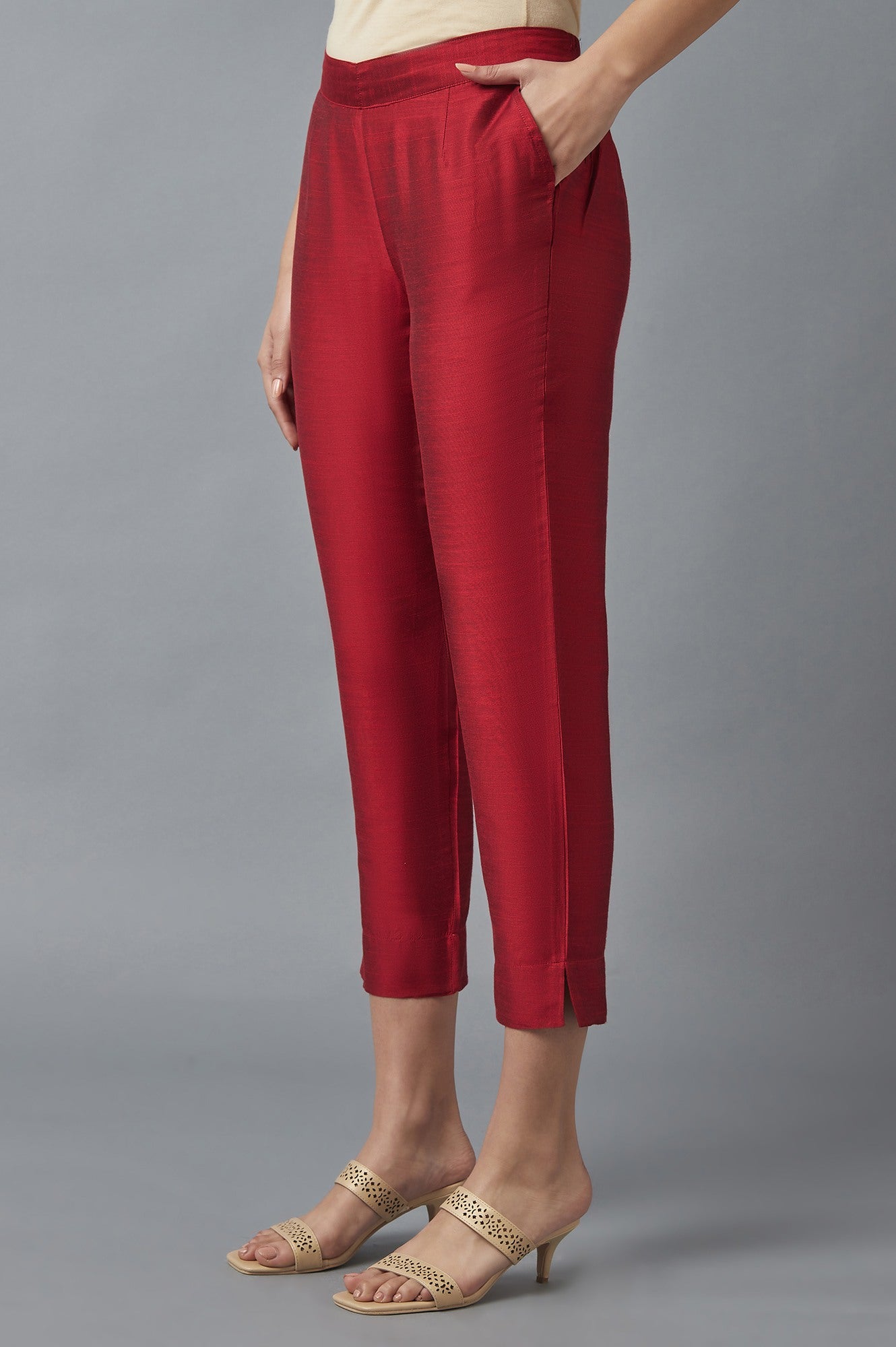 Red Solid Straight Fit Woven Trousers With Elasticated Waist