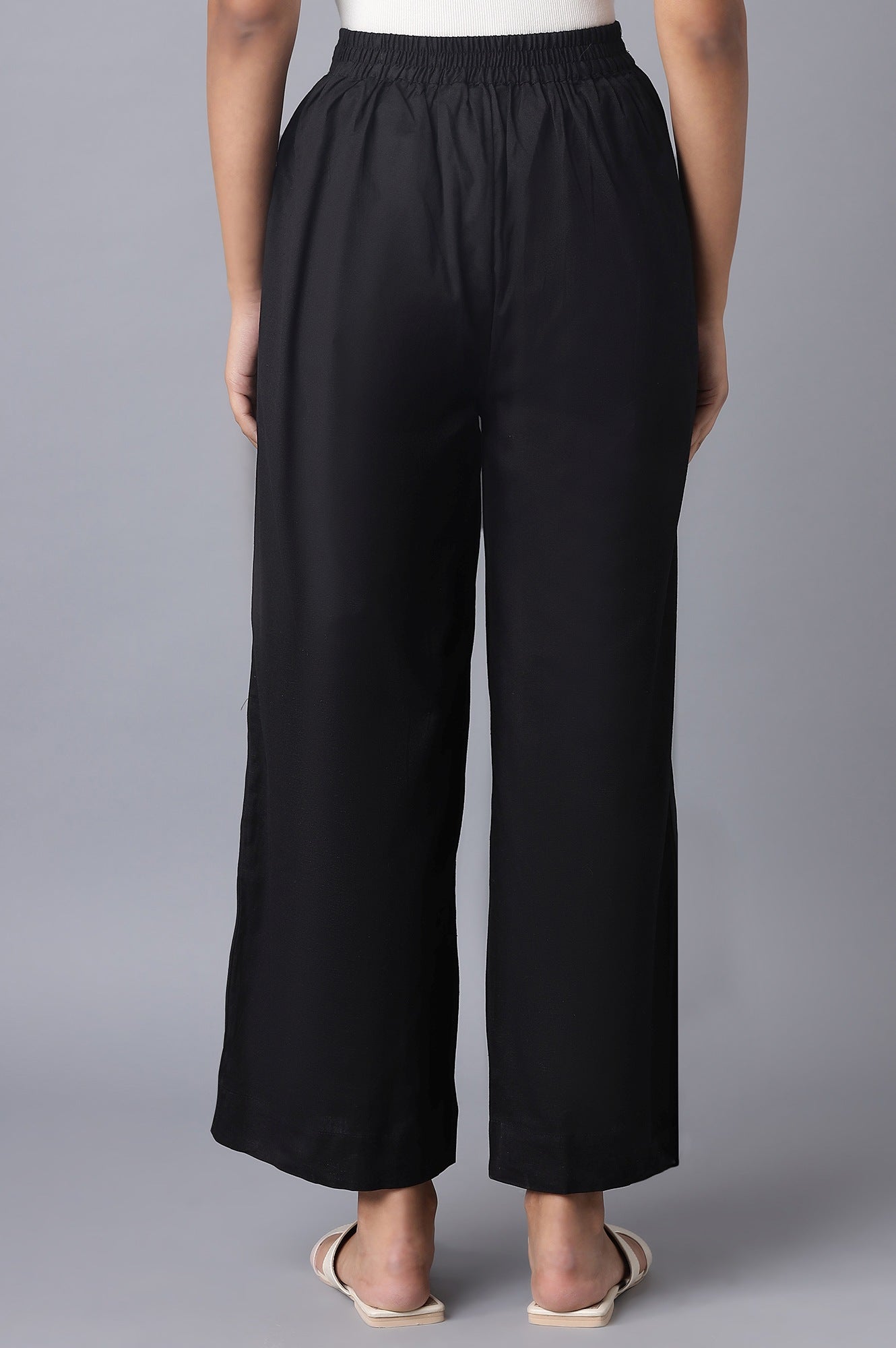Black Solid Straight Fit Tencel Palazzo With Elasticated Waist