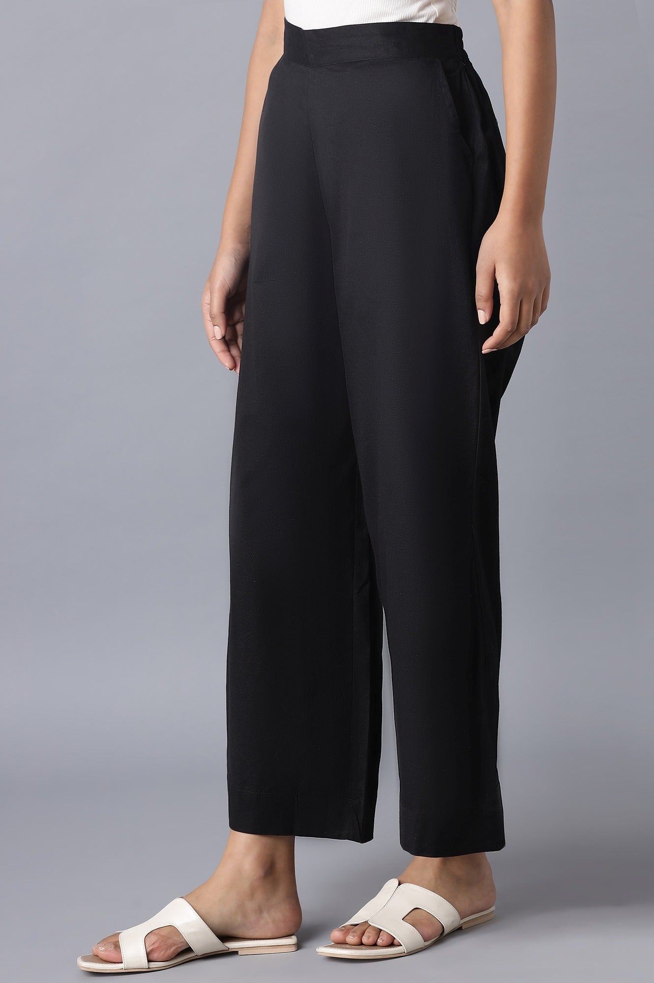 Black Solid Straight Fit Tencel Palazzo With Elasticated Waist
