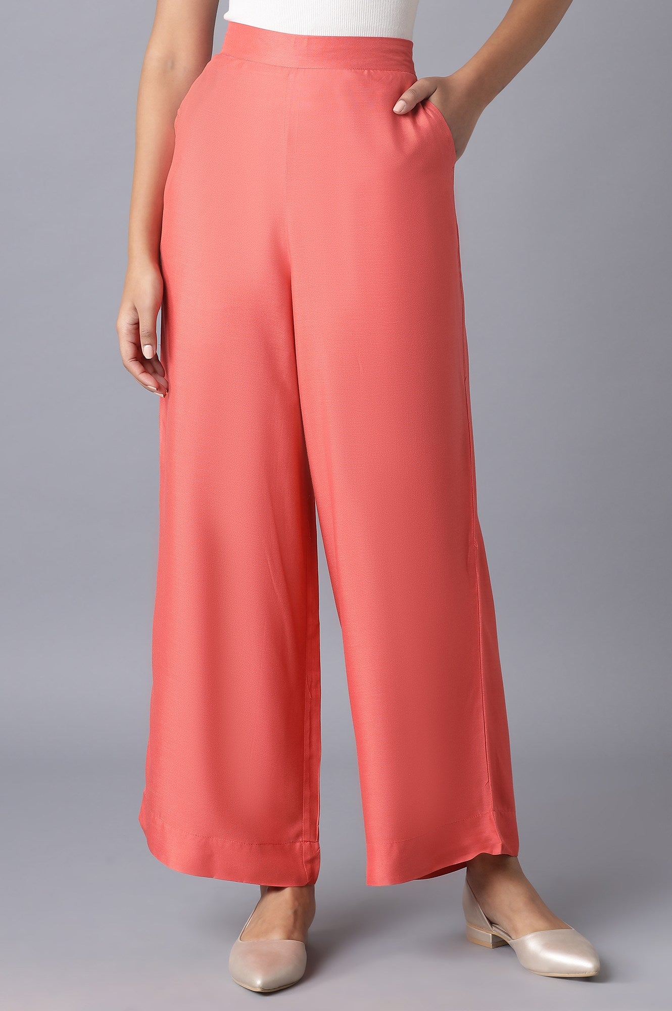 Peach Solid Straight Fit Tencel Palazzo With Elasticated Waistband