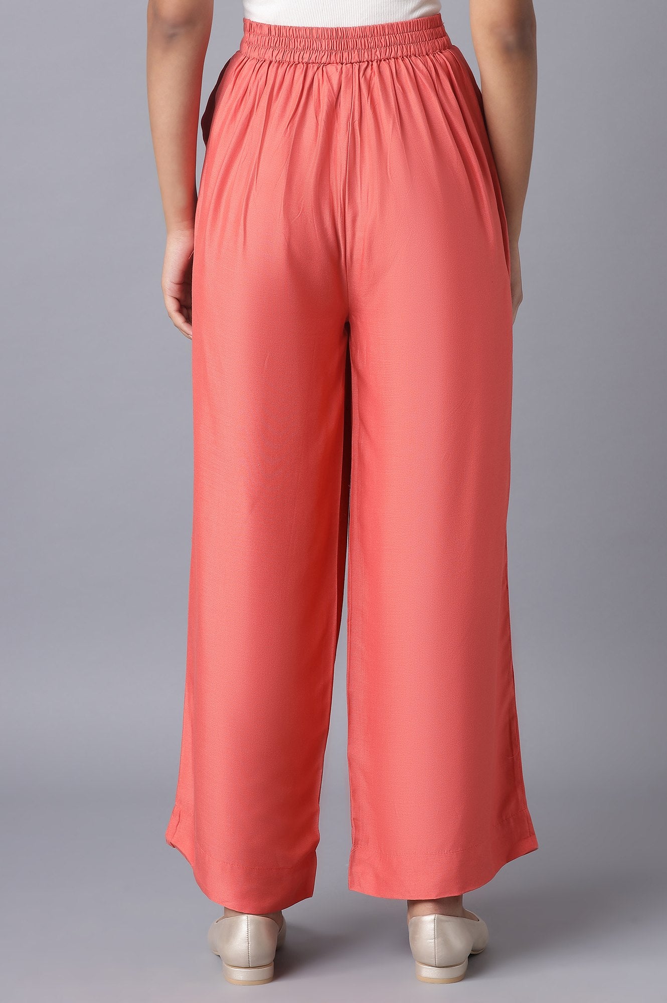 Peach Solid Straight Fit Tencel Palazzo With Elasticated Waistband