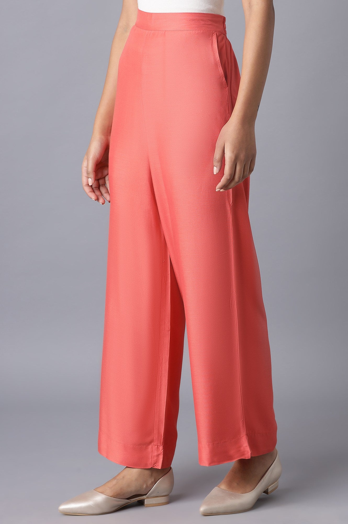 Peach Solid Straight Fit Tencel Palazzo With Elasticated Waistband