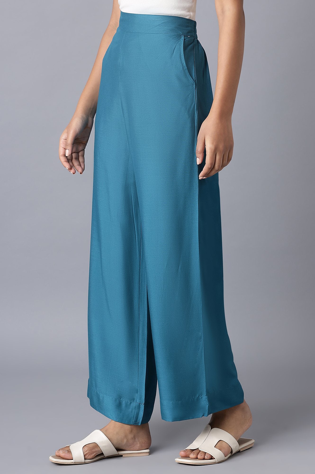 Blue Solid Wide Leg Tencel Palazzo With Elasticated Waist