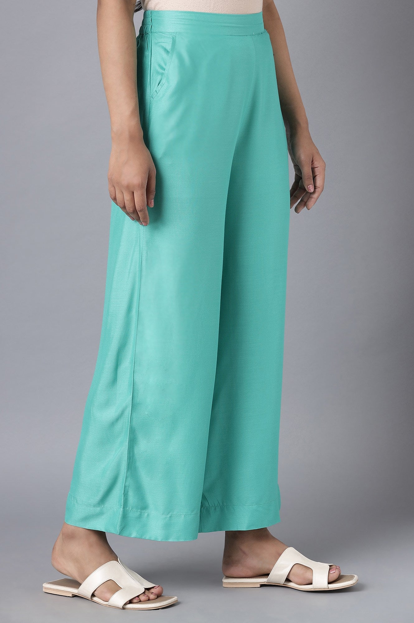 Muted Sage Green Solid Straight Fit Tencel Palazzo With Elasticated Waistband