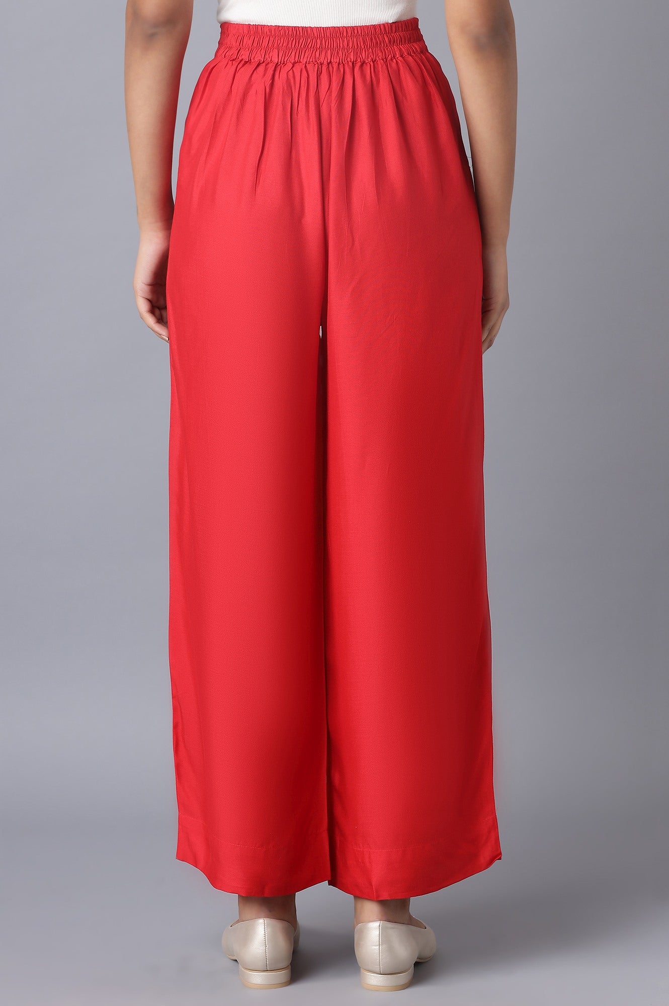 Red Solid Straight Fit Tencel Pants With Elasticated Waist