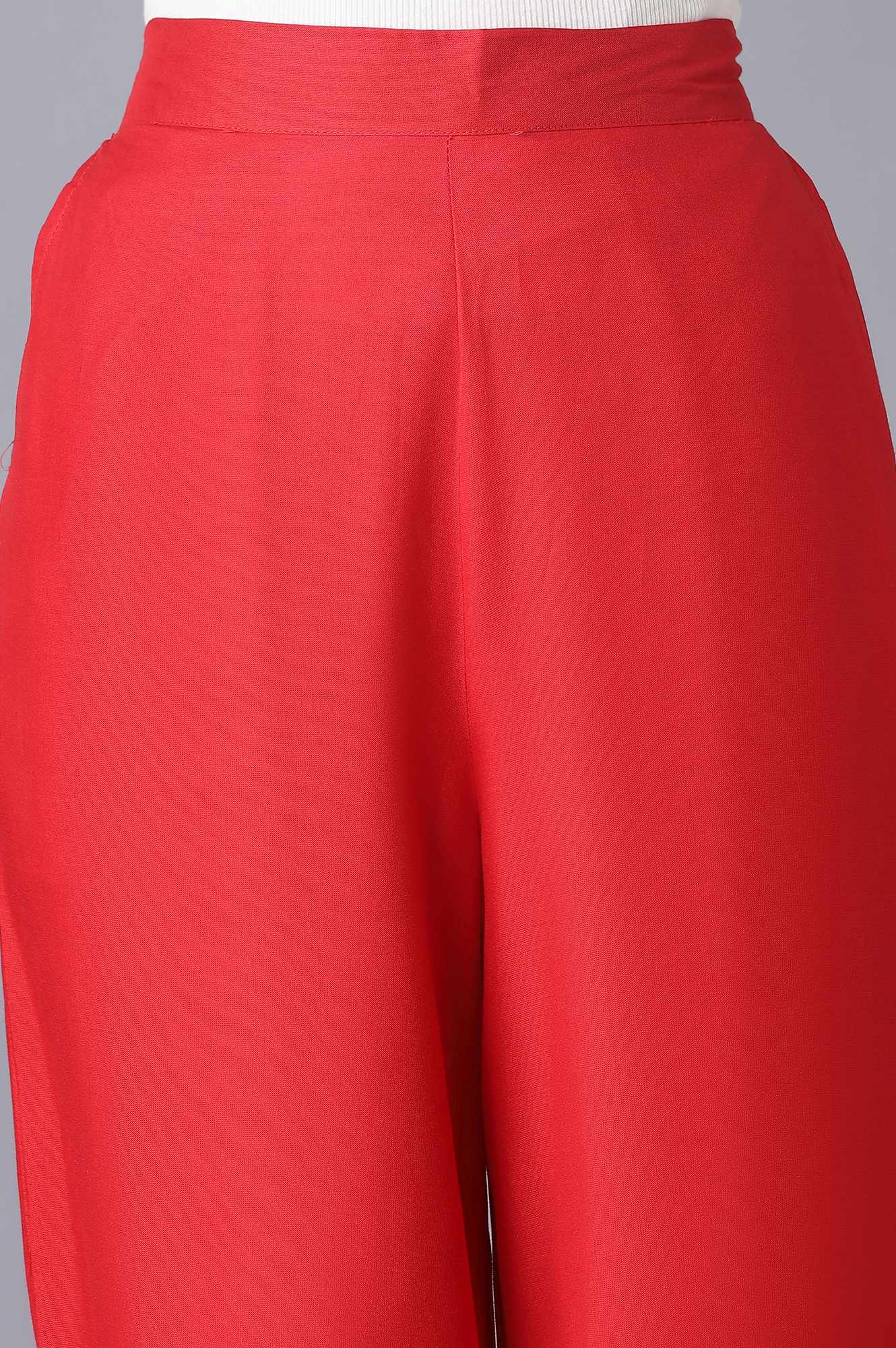 Red Solid Straight Fit Tencel Pants With Elasticated Waist