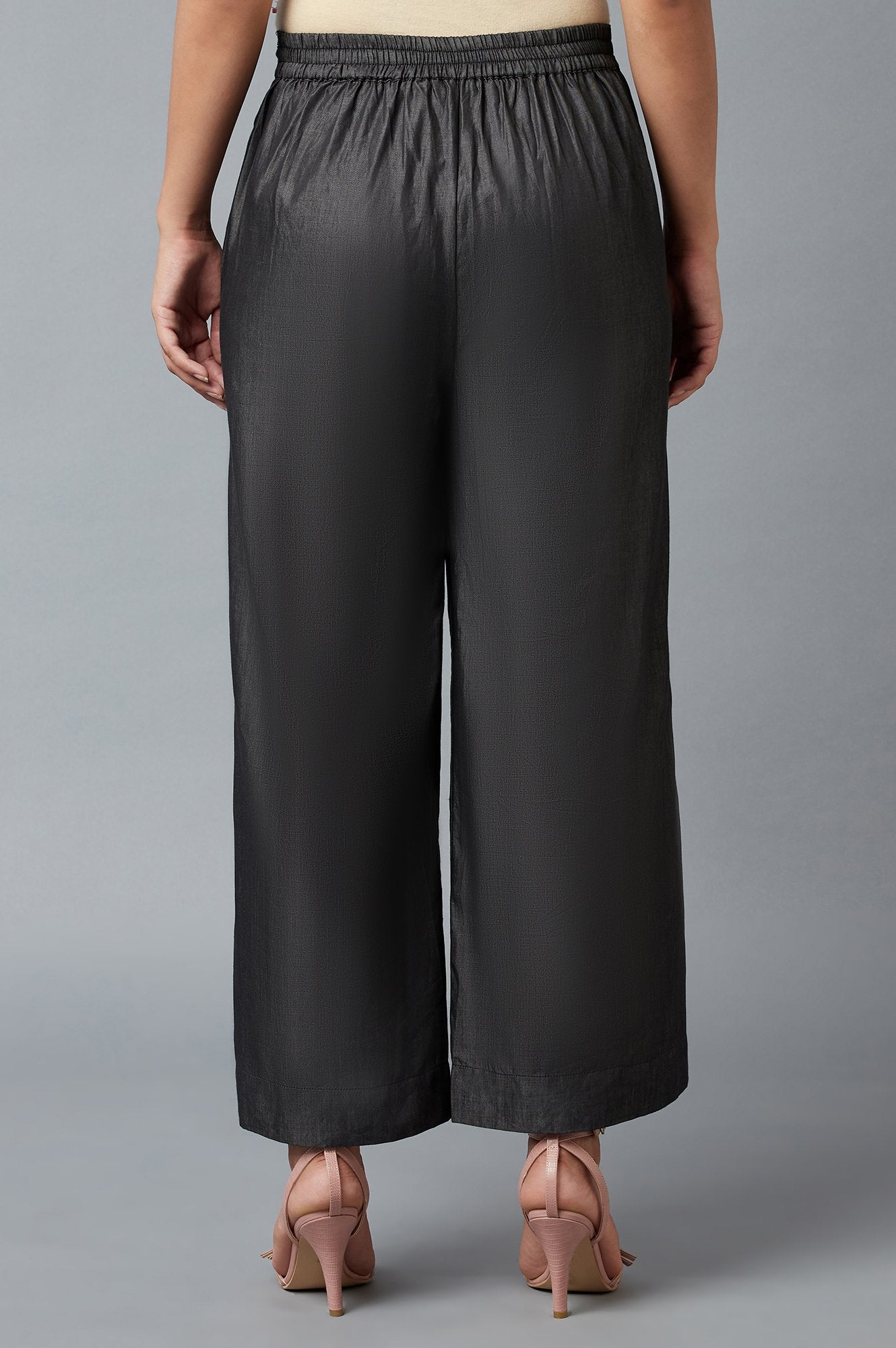 Black Solid Straight Fit Tencel Palazzo With Elasticated Waist