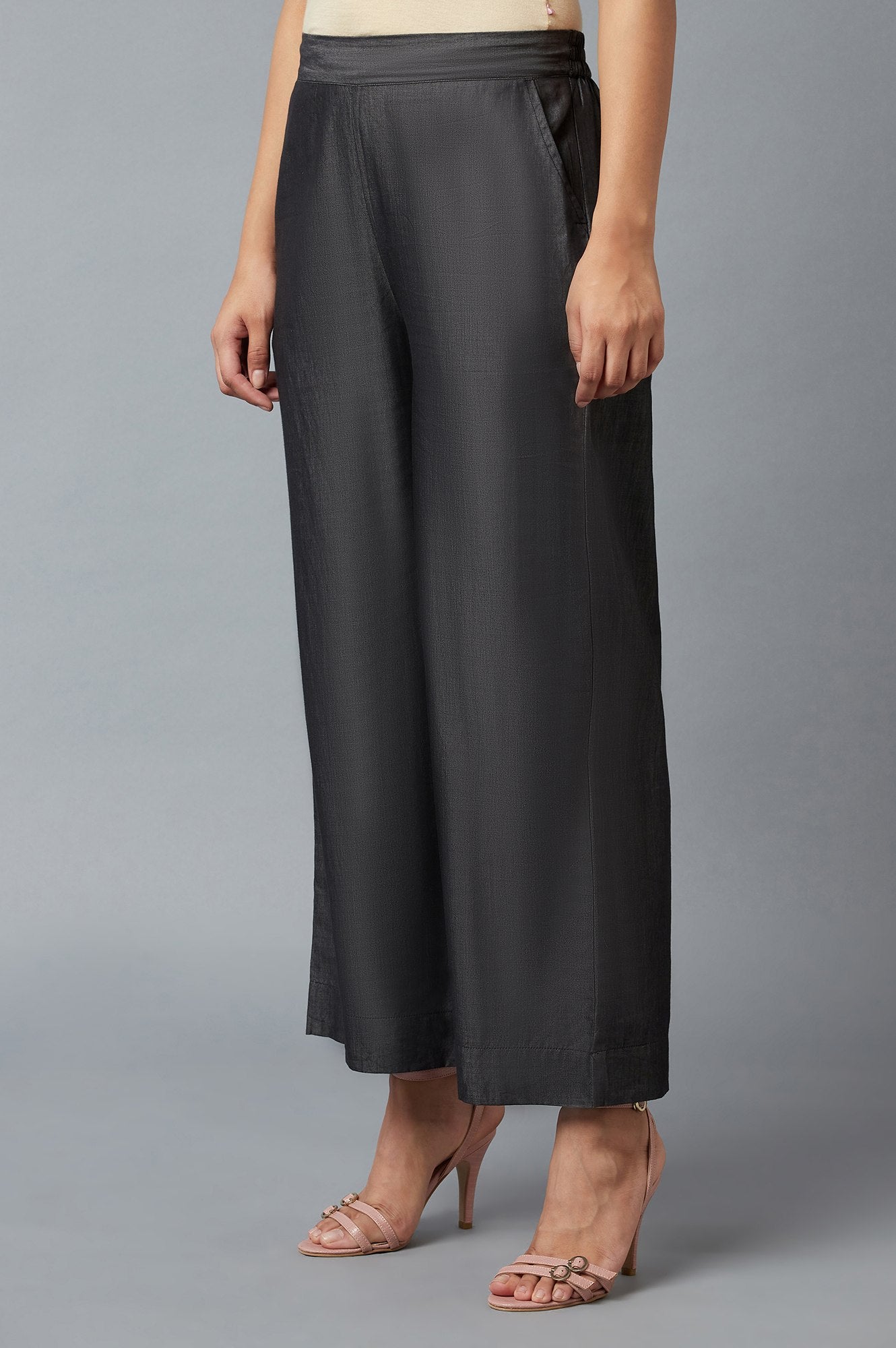 Black Solid Straight Fit Tencel Palazzo With Elasticated Waist