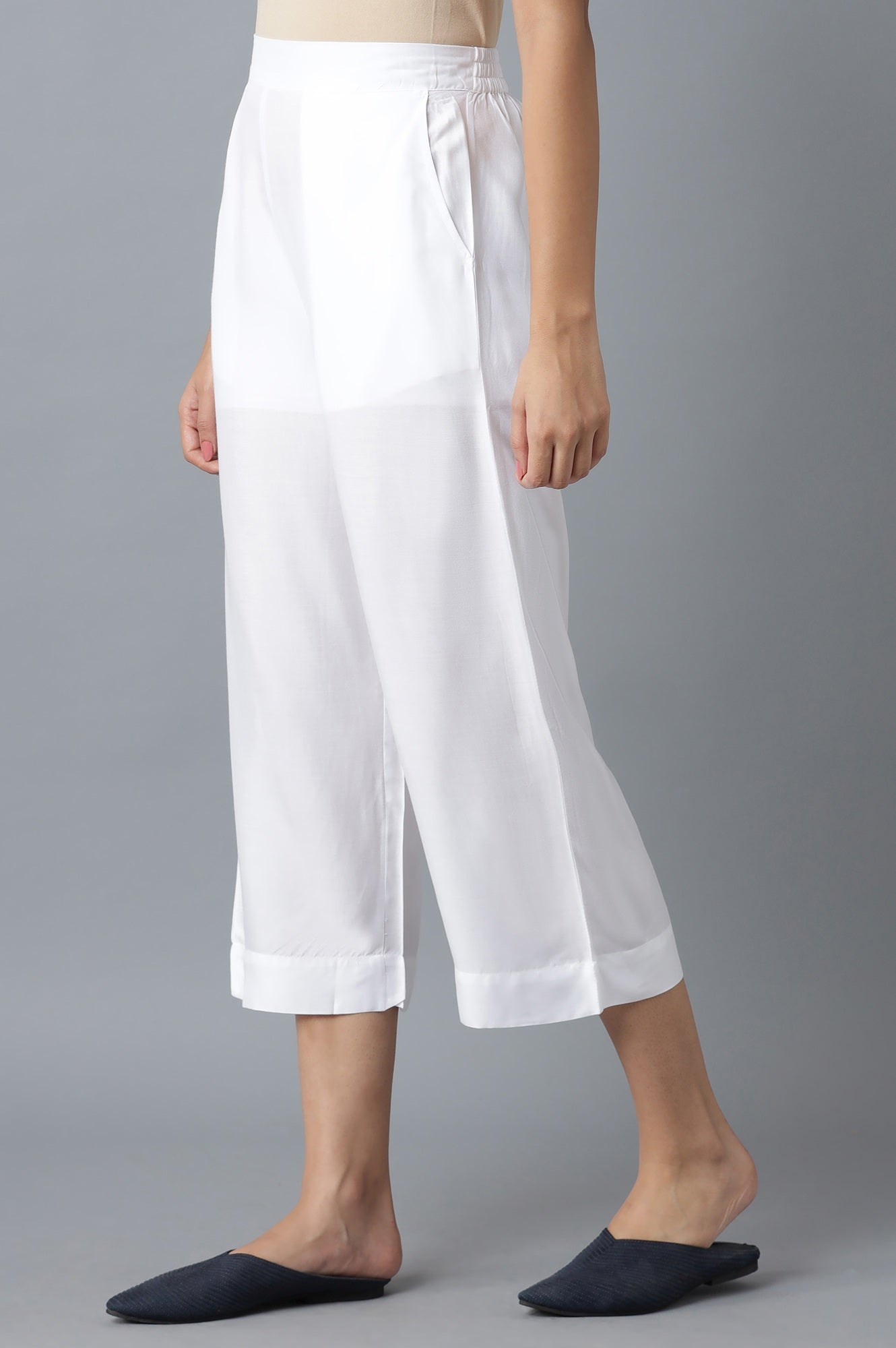 White Solid Wide Leg Cotton Culottes With Elasticated Waist