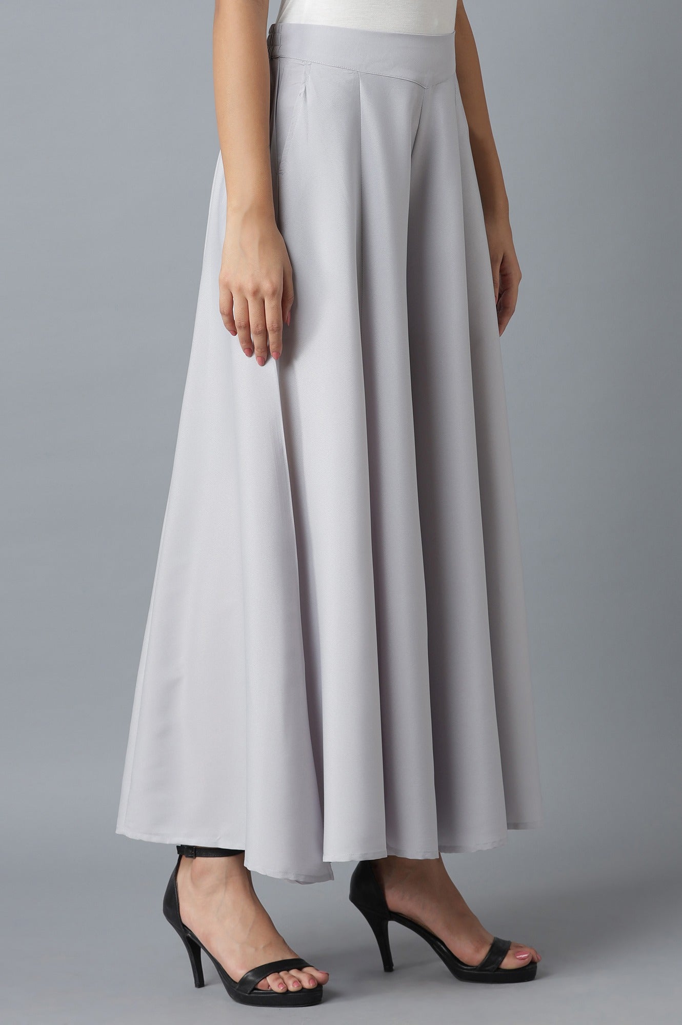 Silver Solid Flared Polyester Palazzo With Elasticated Waist