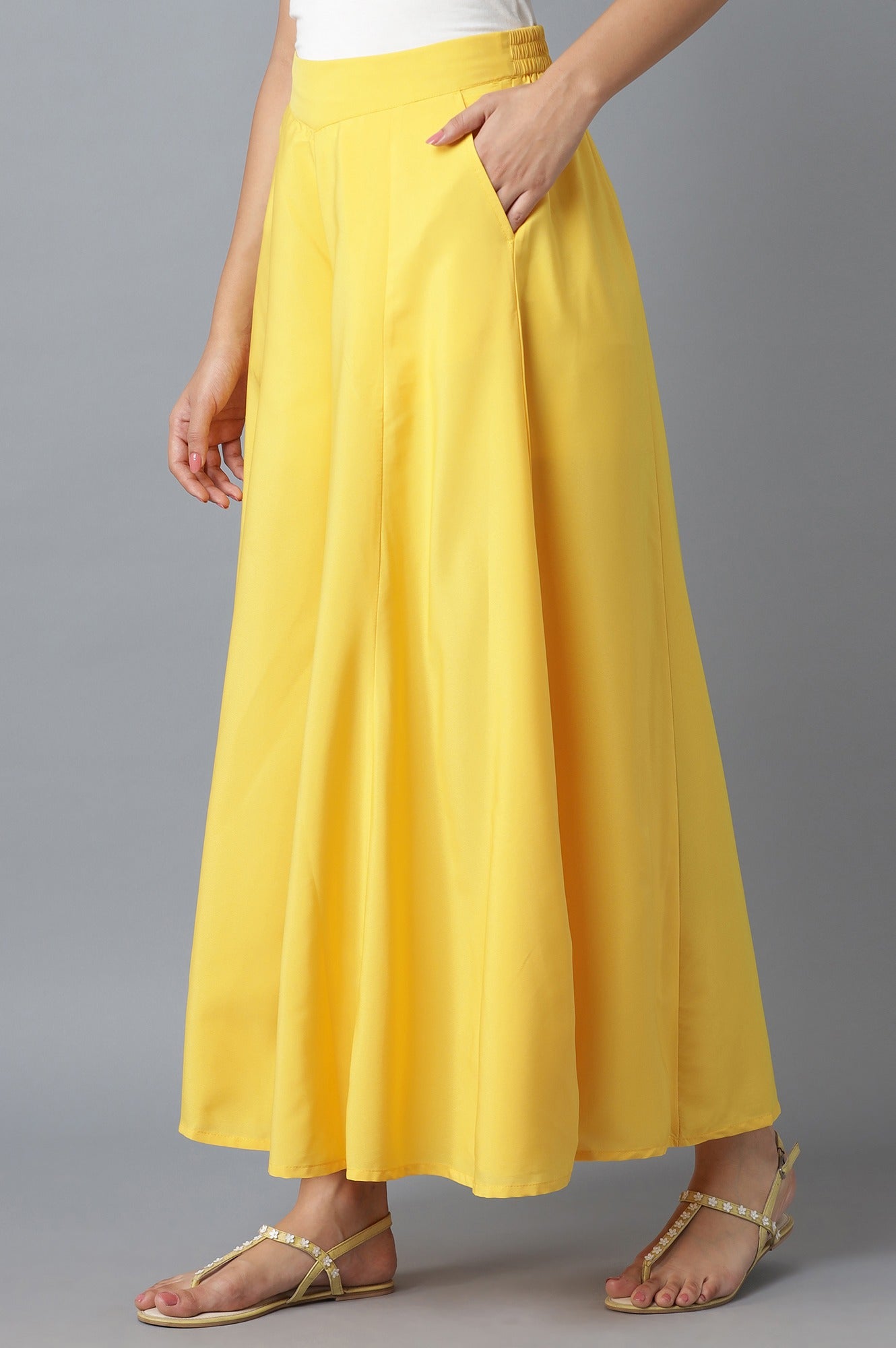 Yellow Solid Flared Cotton Palazzo With Elasticated Waist