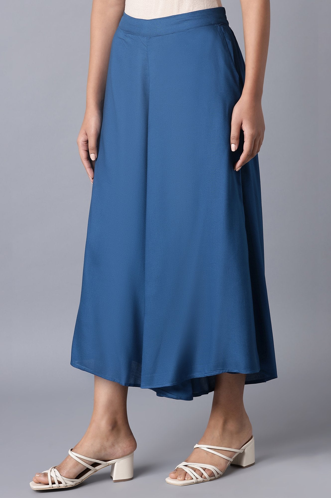 Blue Solid Flared Cotton Culottes With Drawstring