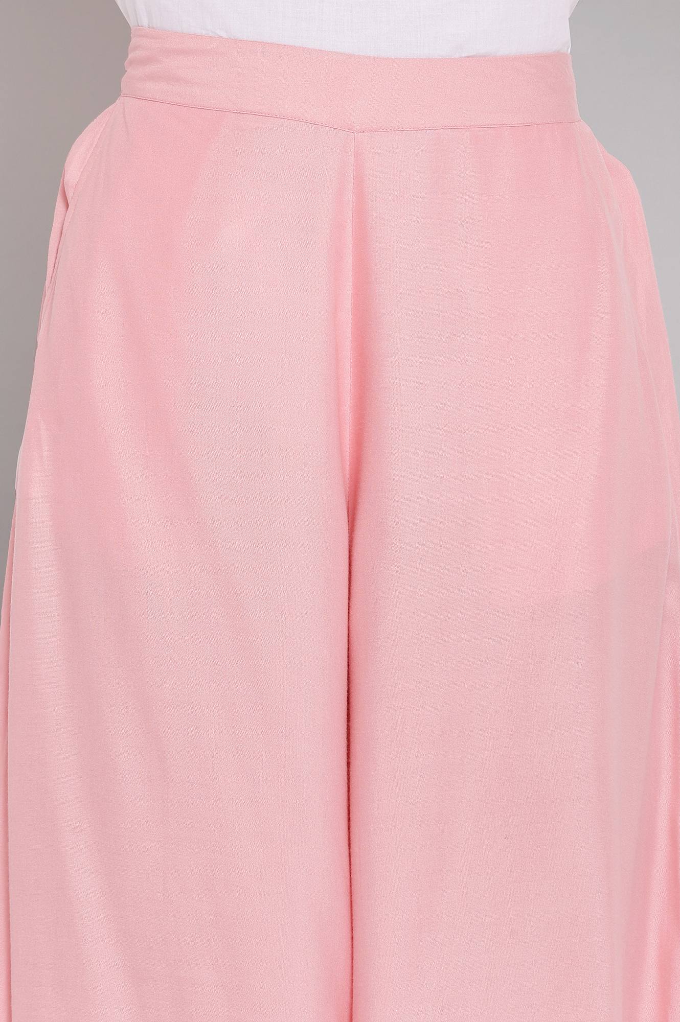 Pink Solid Flared Cotton Culottes With Elasticated Waist