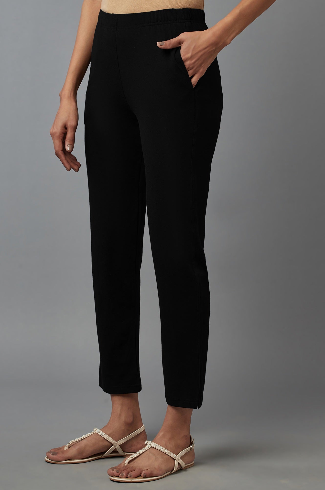 Black Solid Flared Cotton Pants With Elasticated Waist