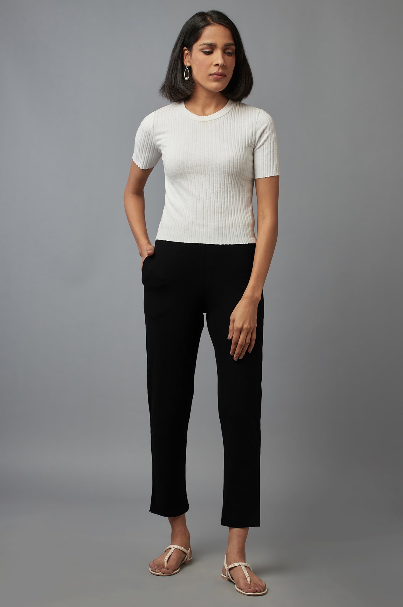 Black Solid Flared Cotton Pants With Elasticated Waist