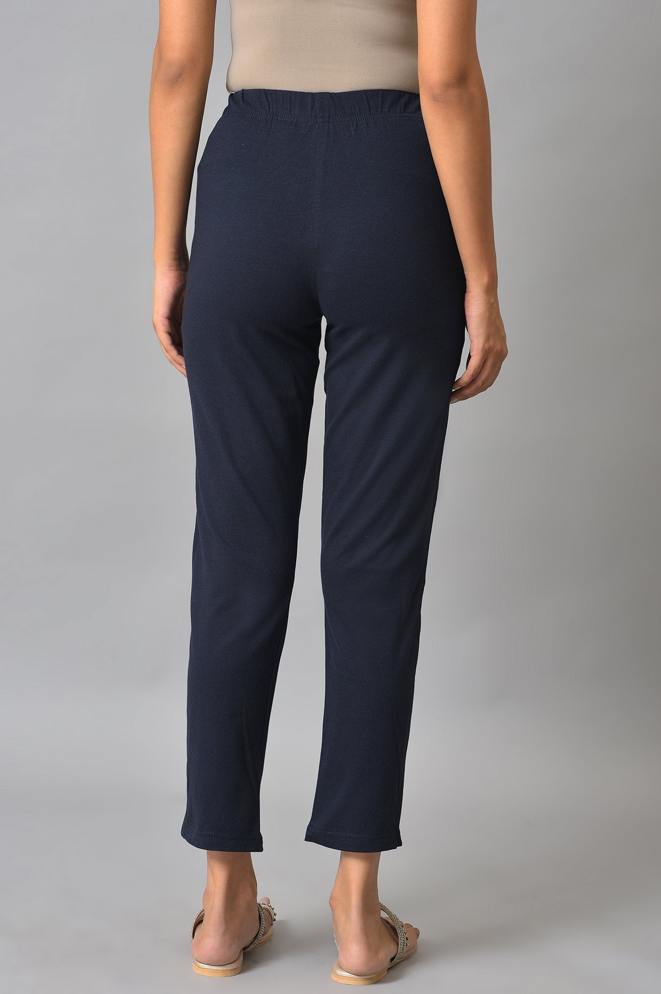 Navy Blue Solid Flared Cotton Pants With Elasticated Waist
