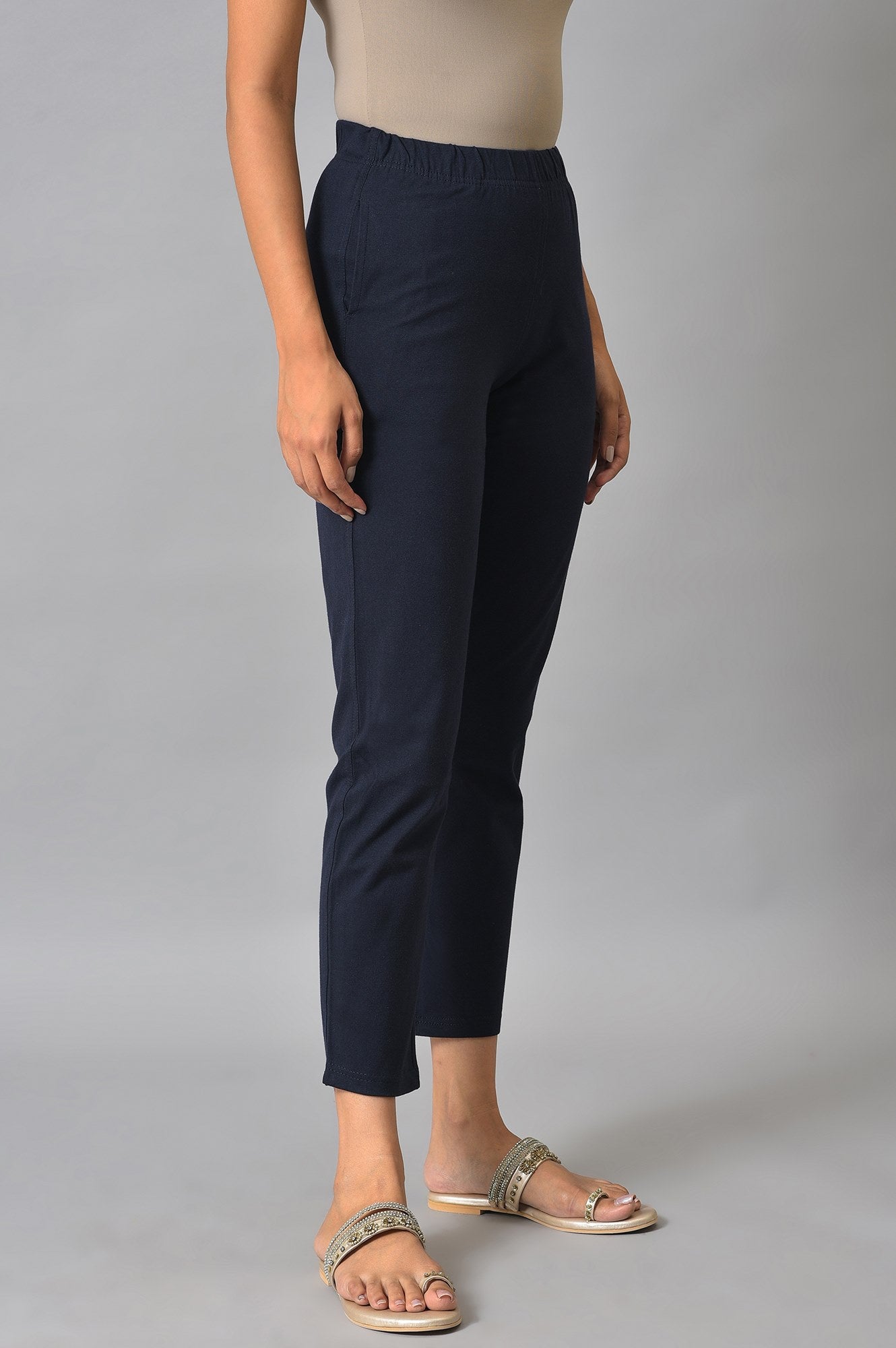 Navy Blue Solid Flared Cotton Pants With Elasticated Waist