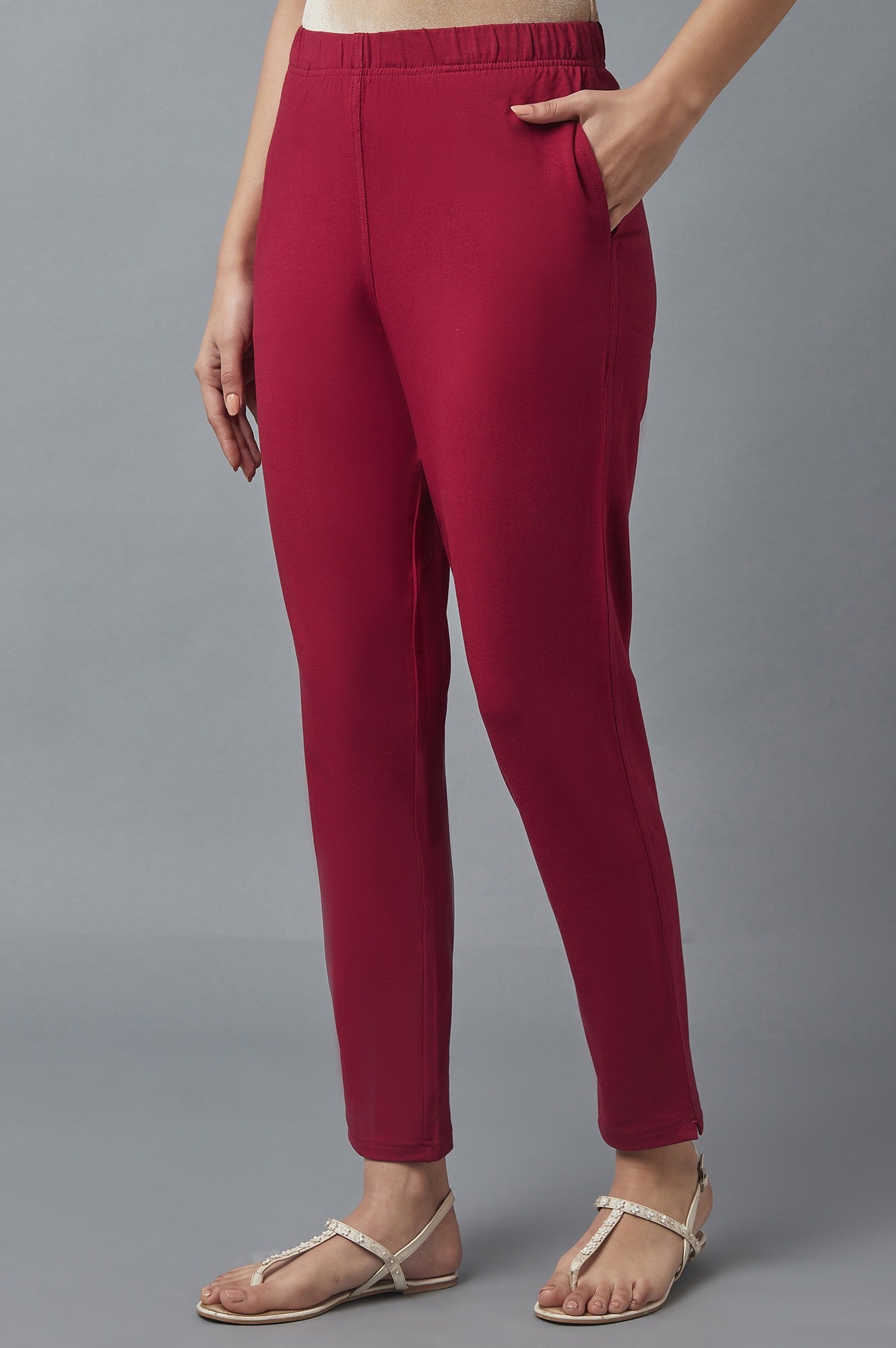 Maroon Solid Flared Cotton Pants With Elasticated Waist