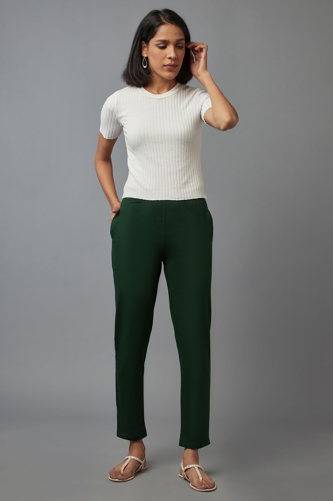 Dark Green Solid Flared Cotton Pants With Elasticated Waist