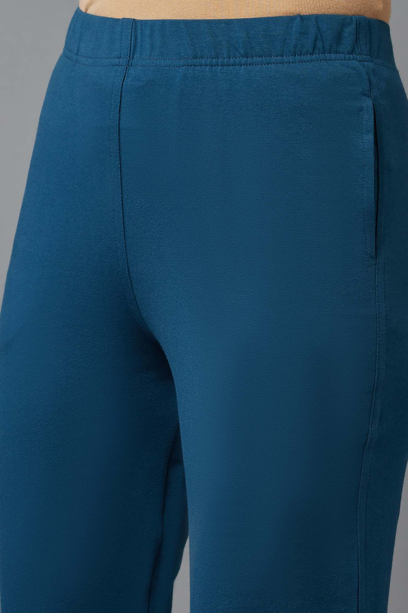 Blue Solid Flared Cotton Pants With Elasticated Waist