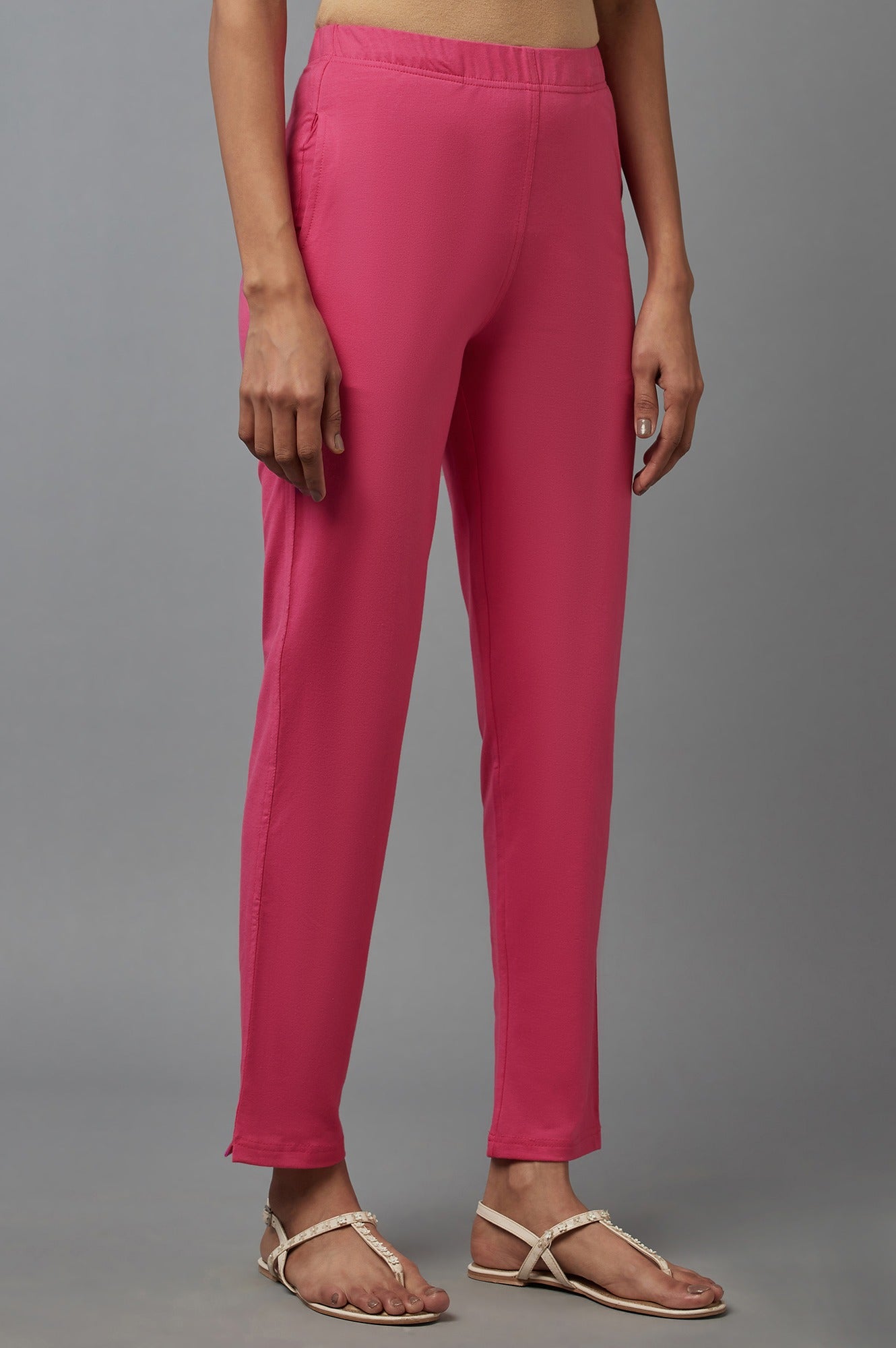 Pink Solid Flared Cotton Pants With Elasticated Waist