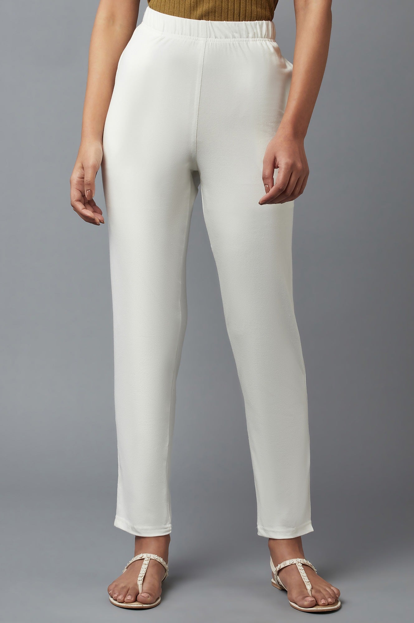 White Solid Flared Cotton Pants With Elasticated Waist