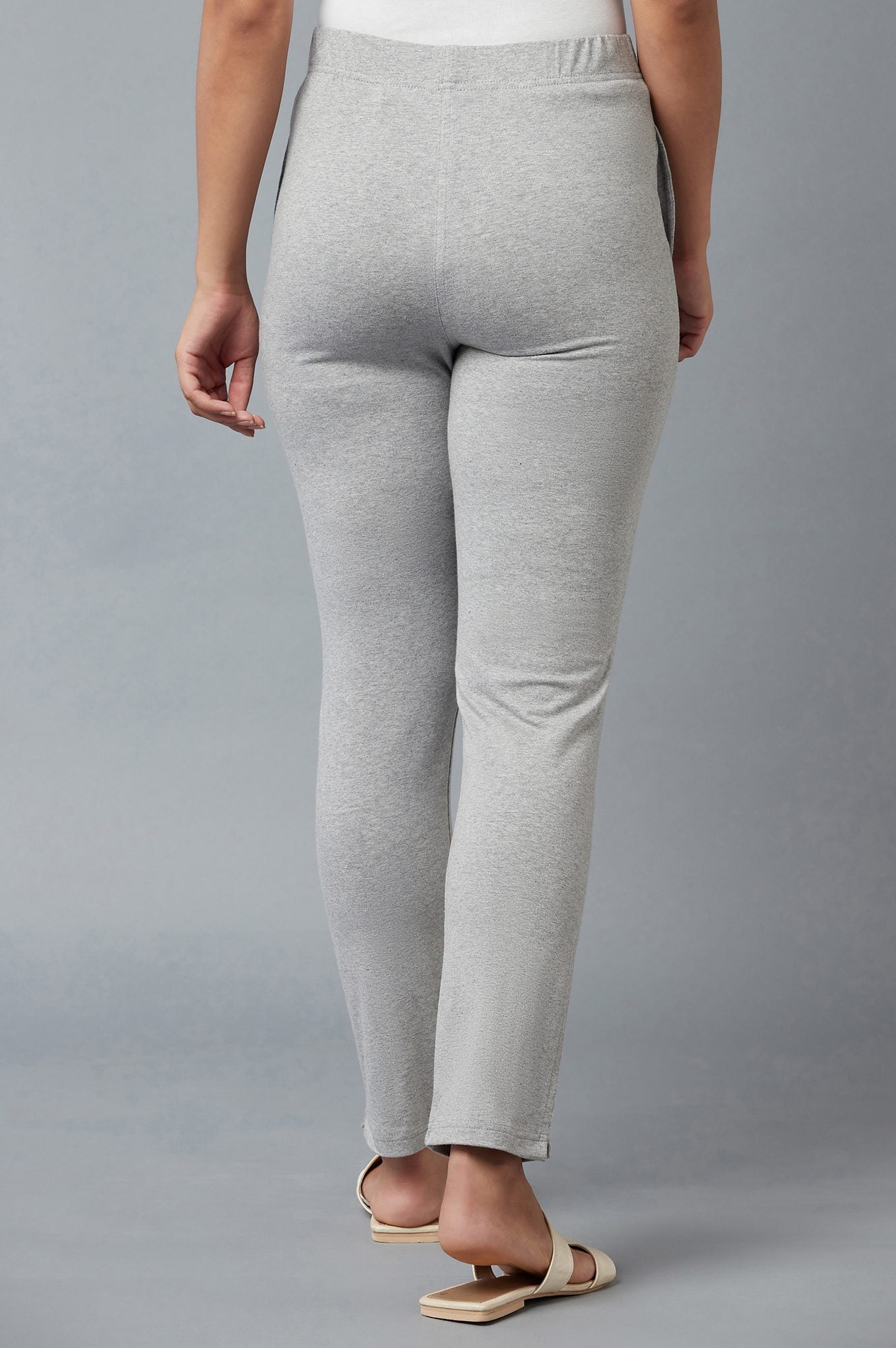 Grey Solid Regular Fit Cotton Pants With Elasticated Waist