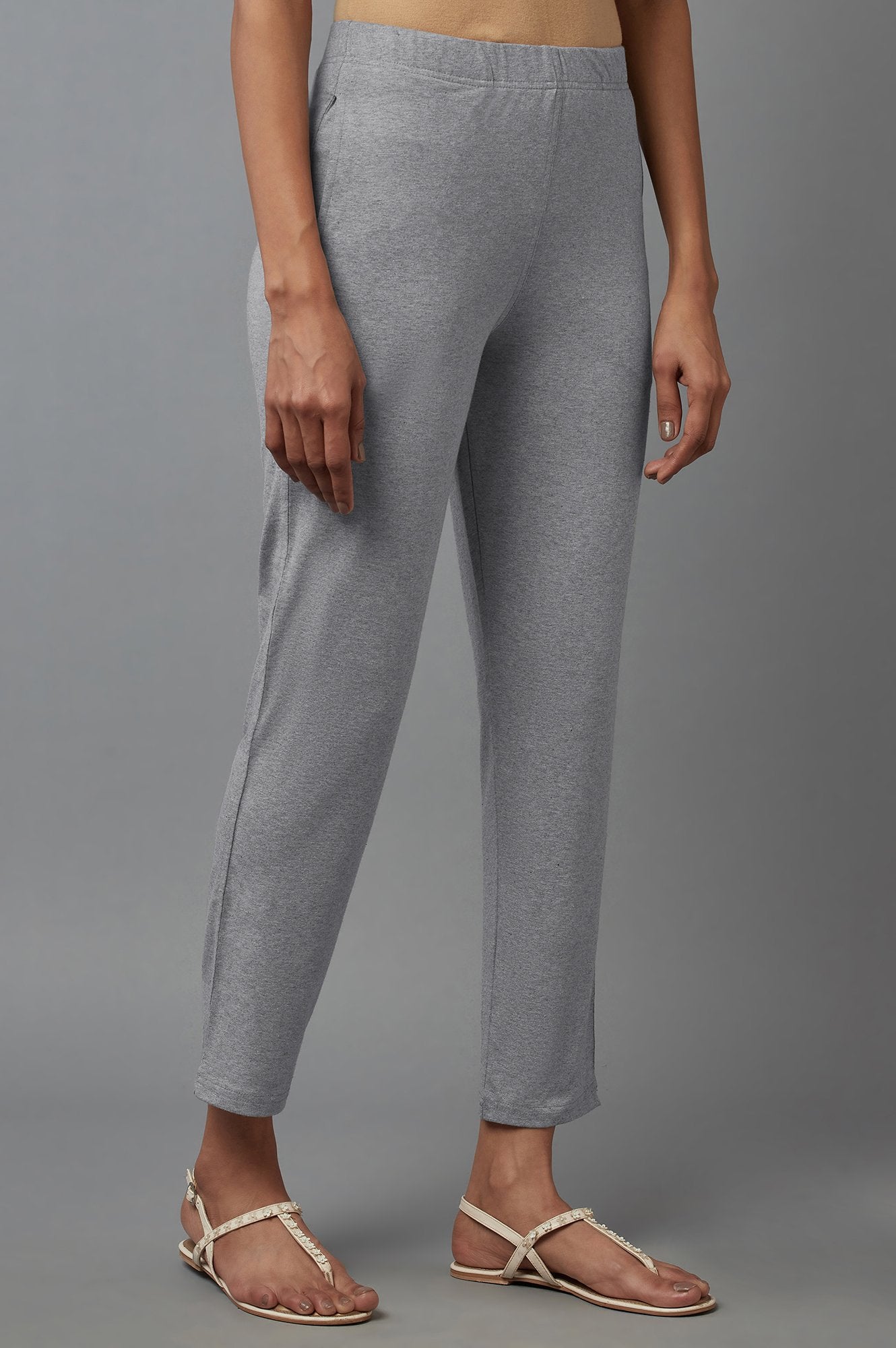 Grey Solid Regular Fit Cotton Pants With Elasticated Waist