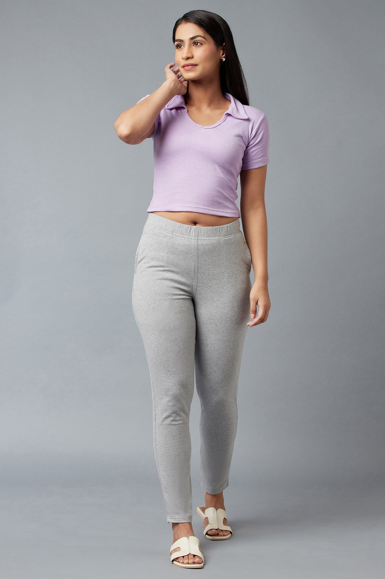 Grey Solid Regular Fit Cotton Pants With Elasticated Waist