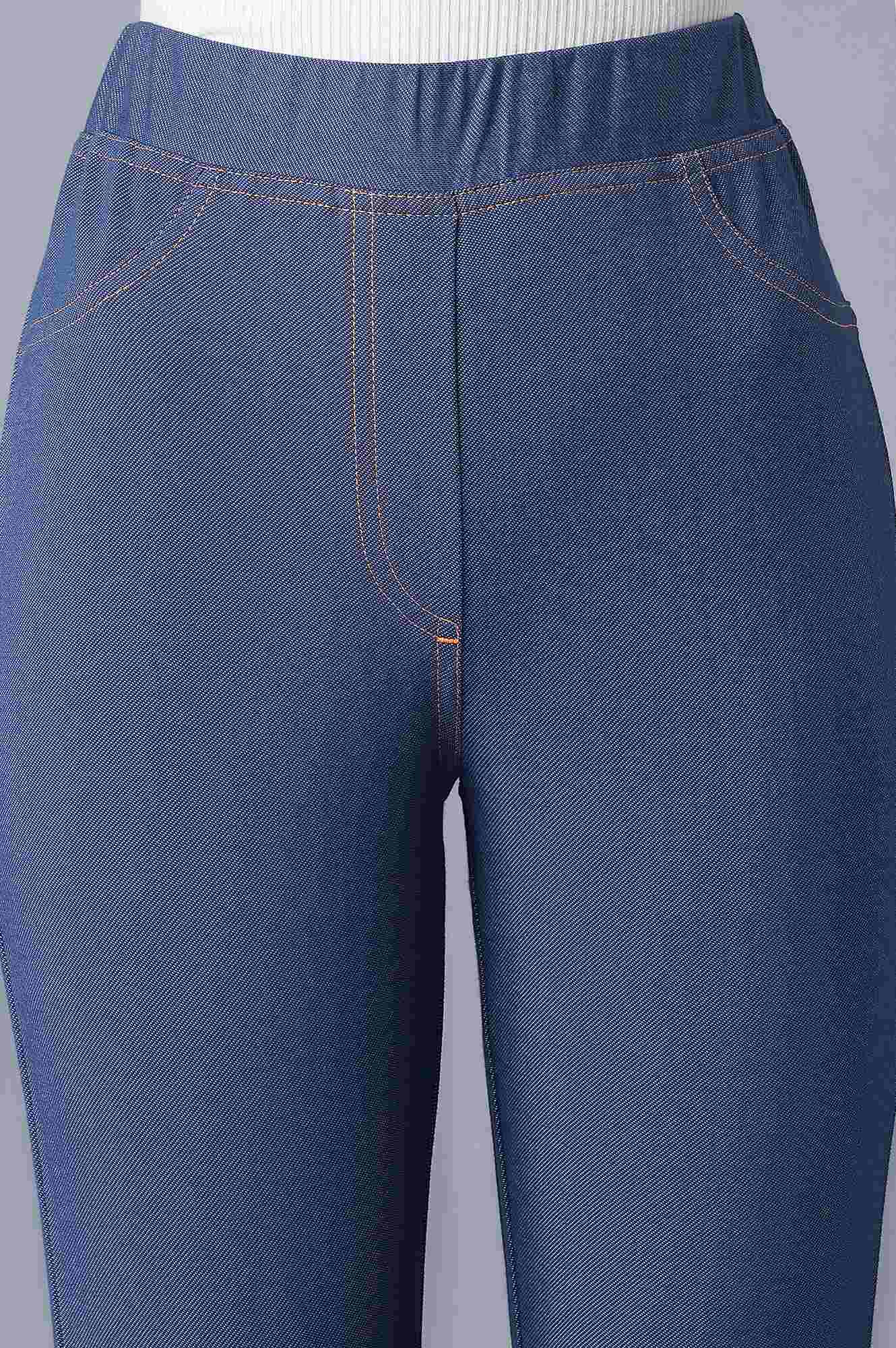 Blue Solid Skinny Fit Cotton Jeggings With Elasticated Waist
