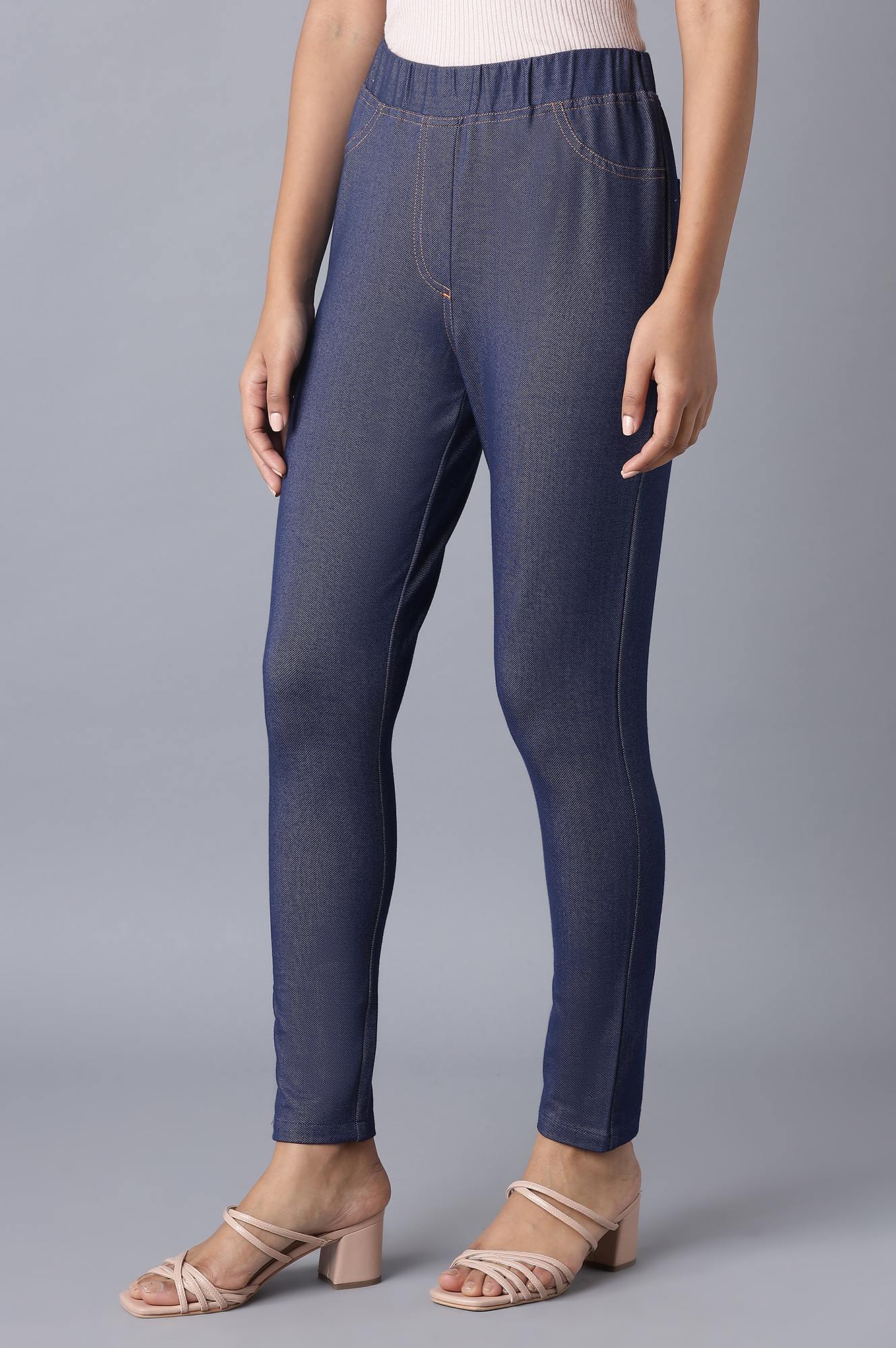 Navy Blue Solid Skinny Fit Cotton Jeggings With Elasticated Waist