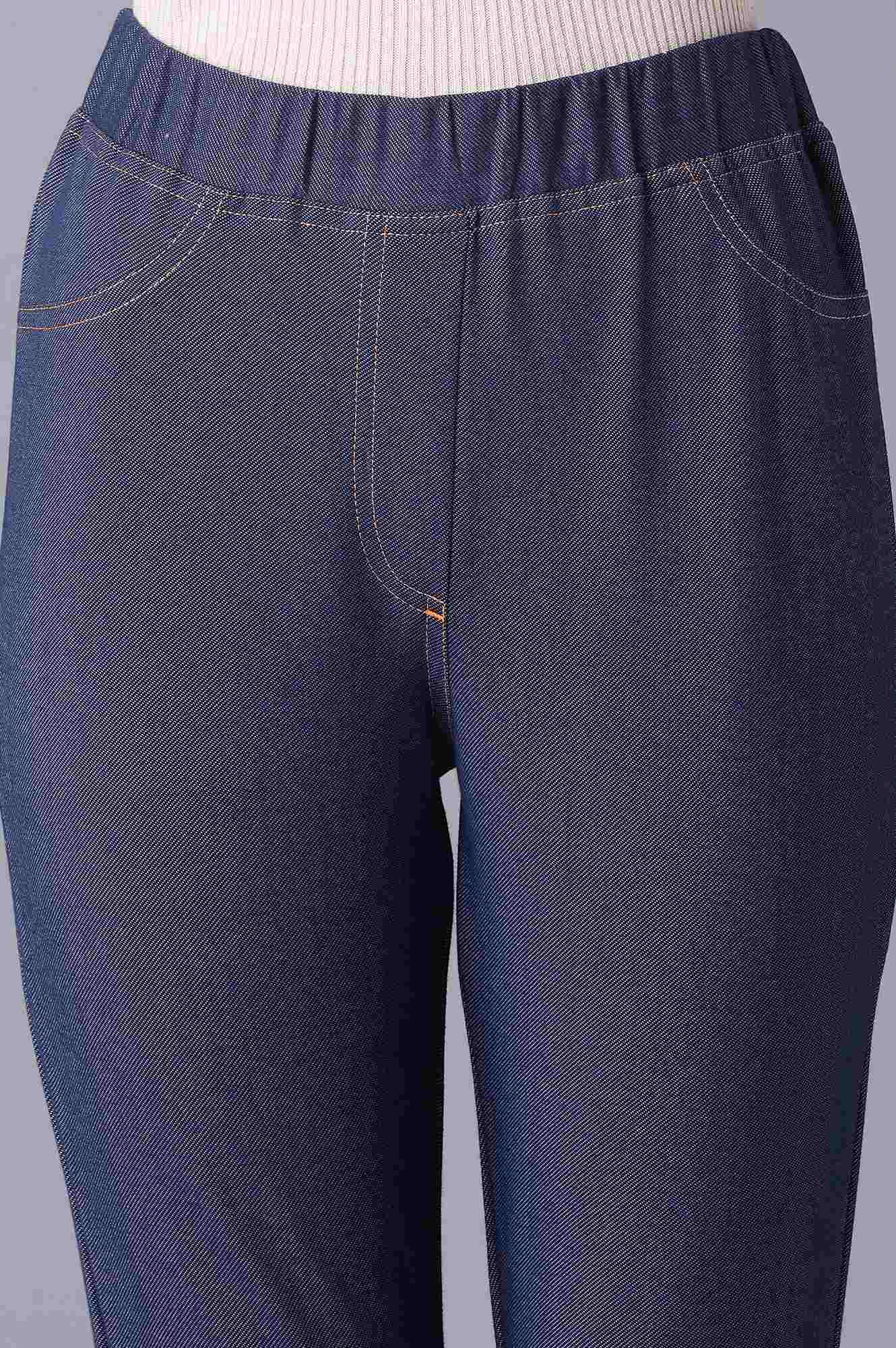 Navy Blue Solid Skinny Fit Cotton Jeggings With Elasticated Waist
