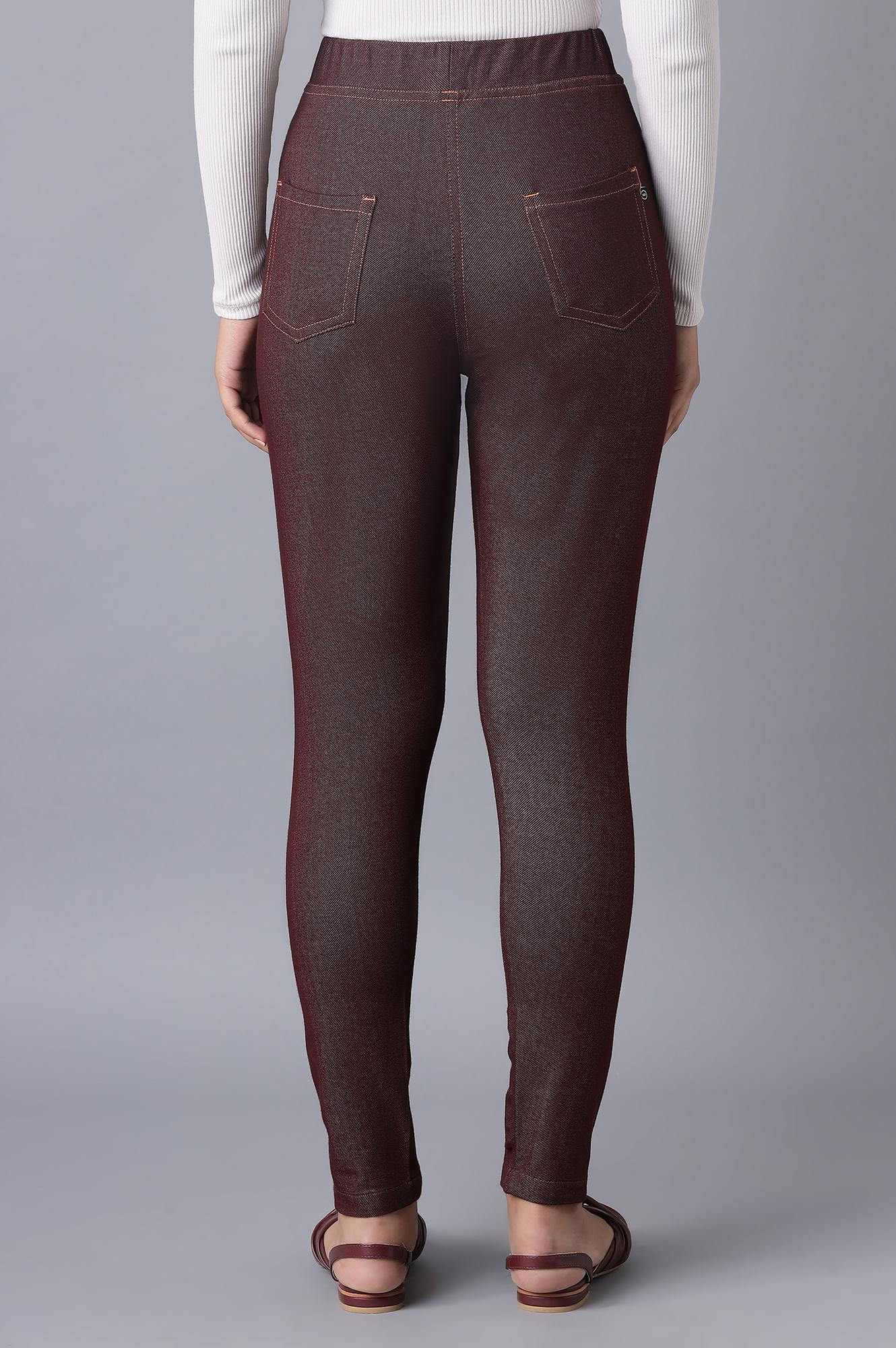 Maroon Solid Skinny Fit Cotton Jeggings With Elasticated Waist