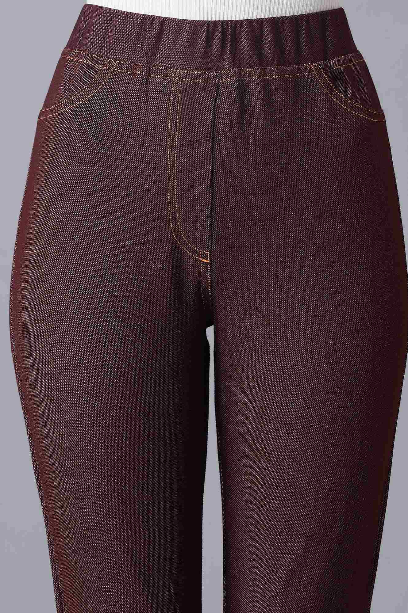 Maroon Solid Skinny Fit Cotton Jeggings With Elasticated Waist
