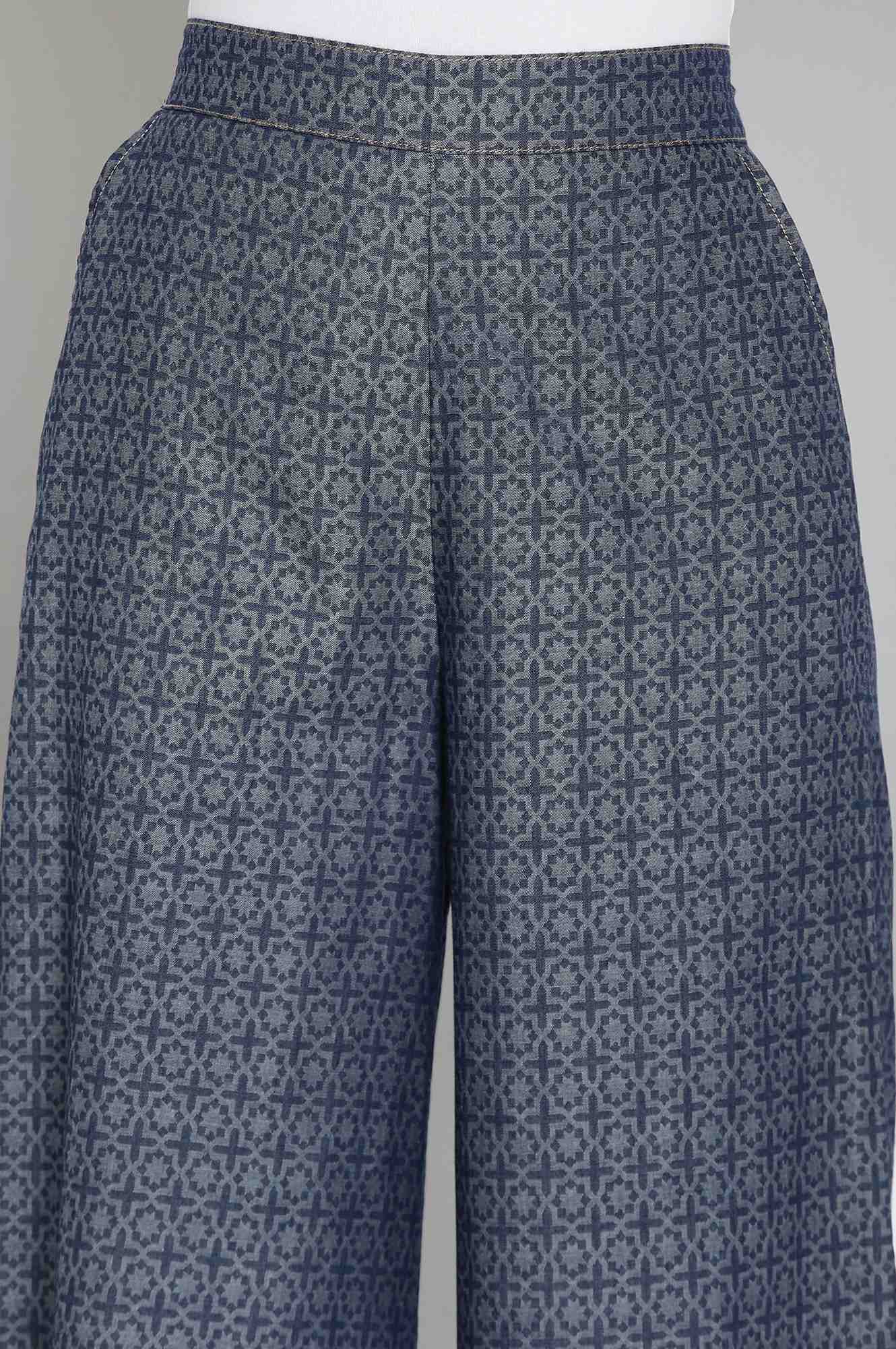 Blue Solid Flared Cotton Palazzo With Elasticated Waistband