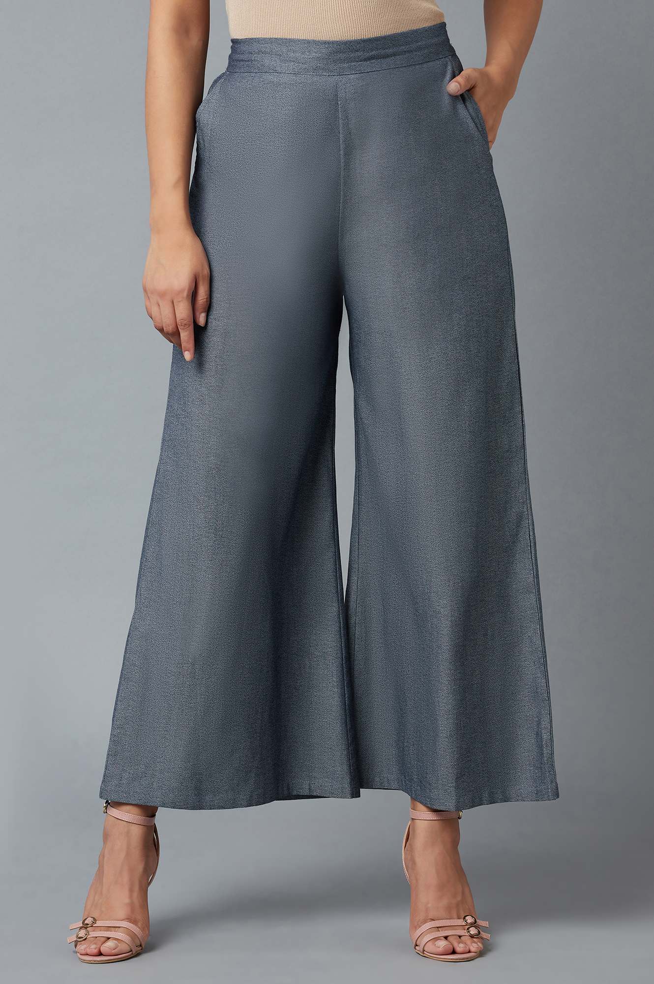 Blue Solid Flared Denim Palazzo With Elasticated Waist