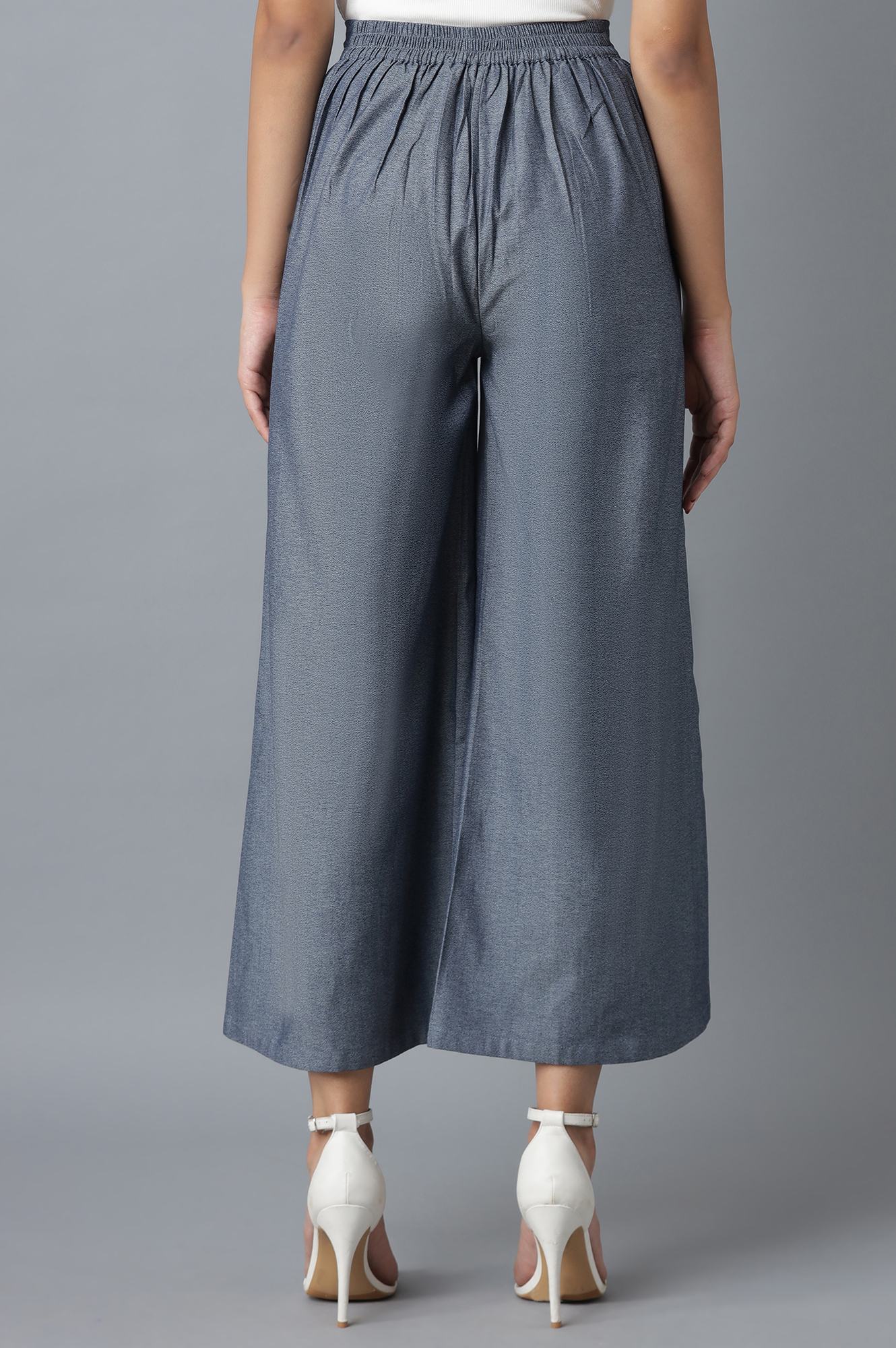 Blue Solid Flared Denim Palazzo With Elasticated Waist